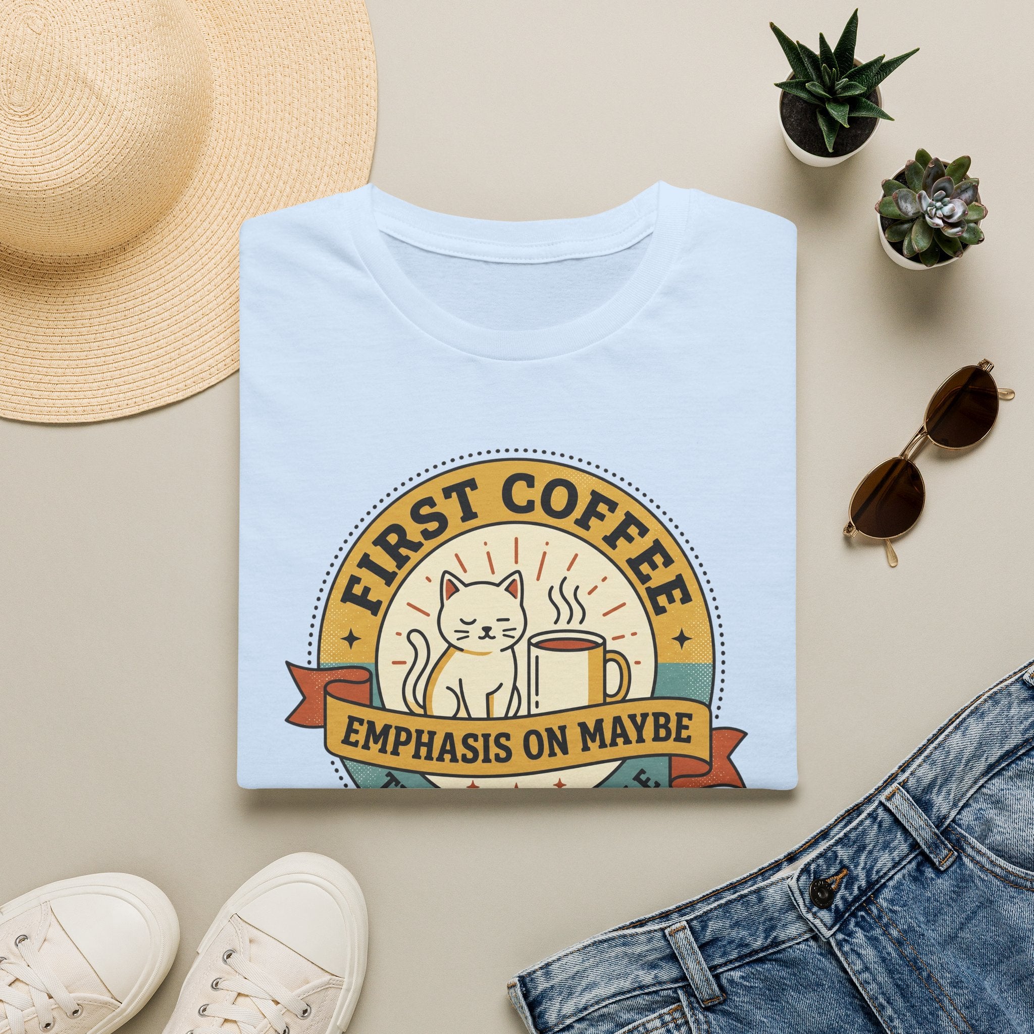 Light blue crew-neck T-shirt with cat holding coffee mug graphic in a circle
