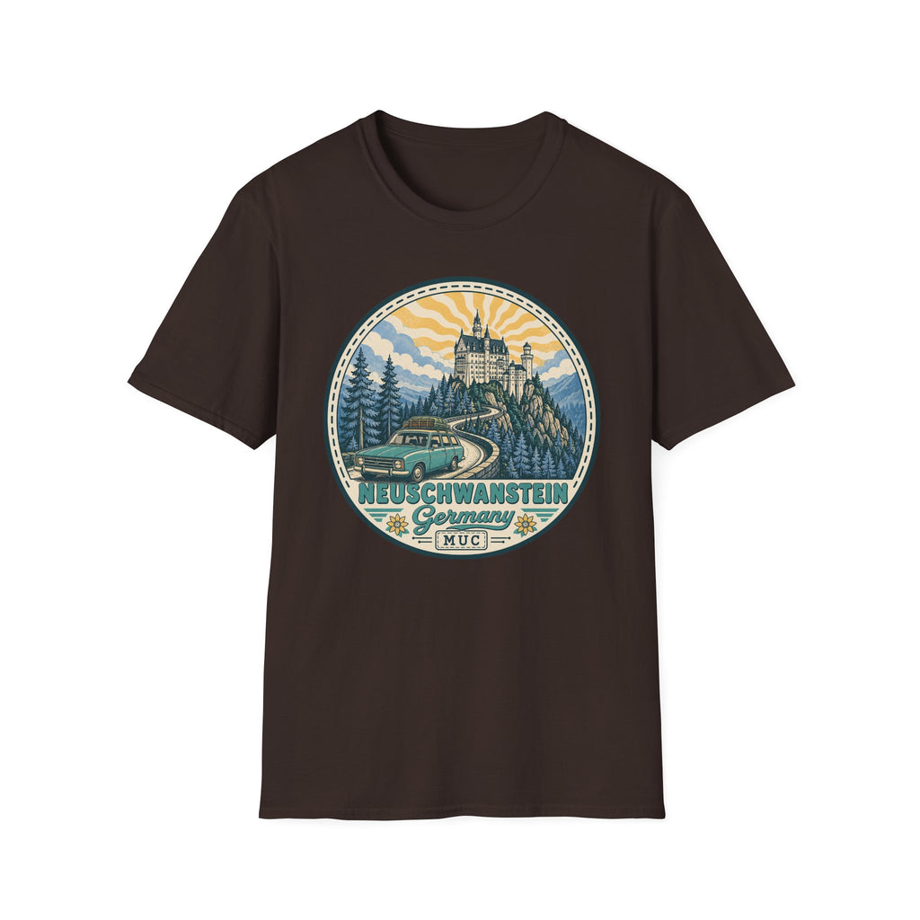 Dark brown graphic T-shirt with circular Neuschwanstein castle illustration on front