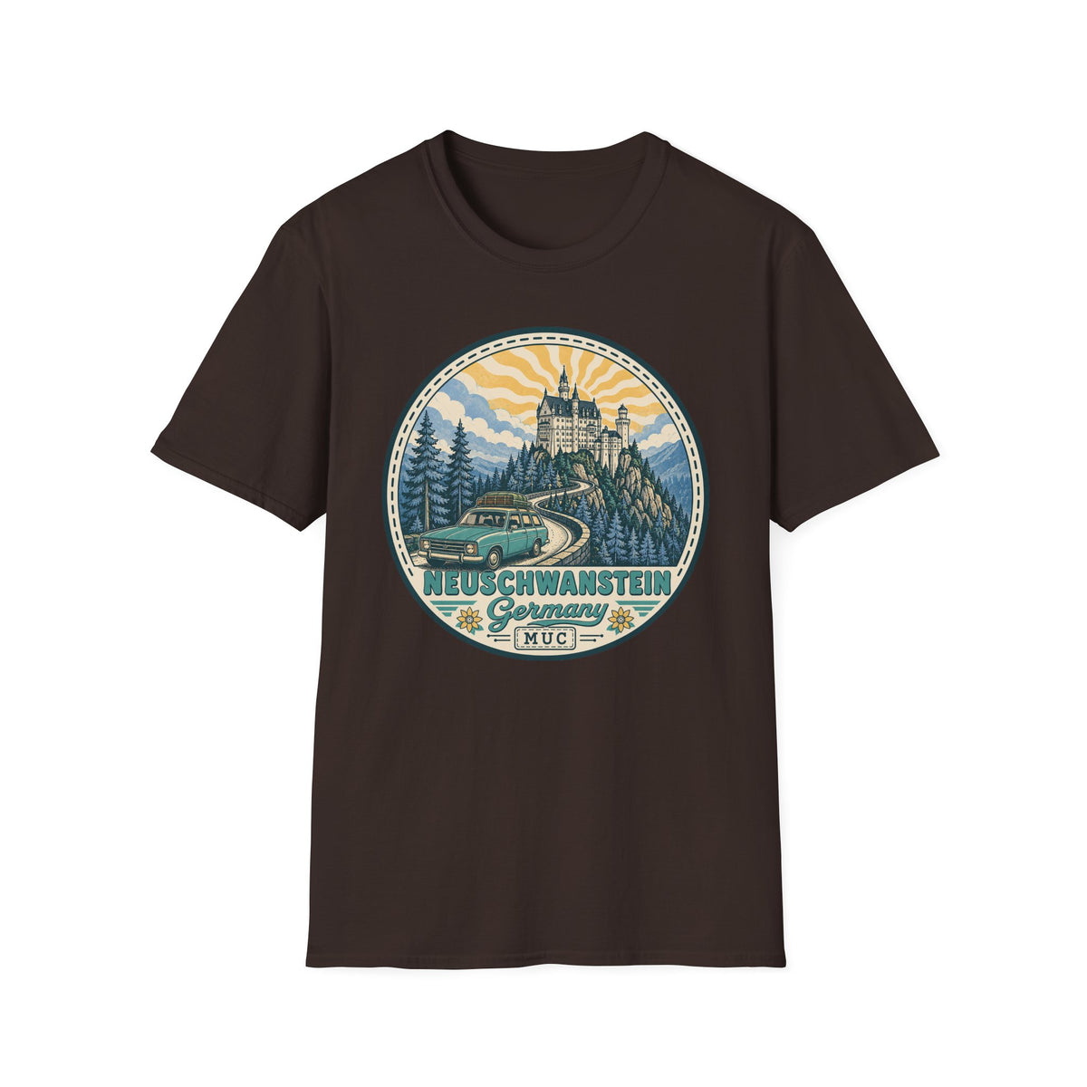 Dark brown graphic T-shirt with circular Neuschwanstein castle illustration on front