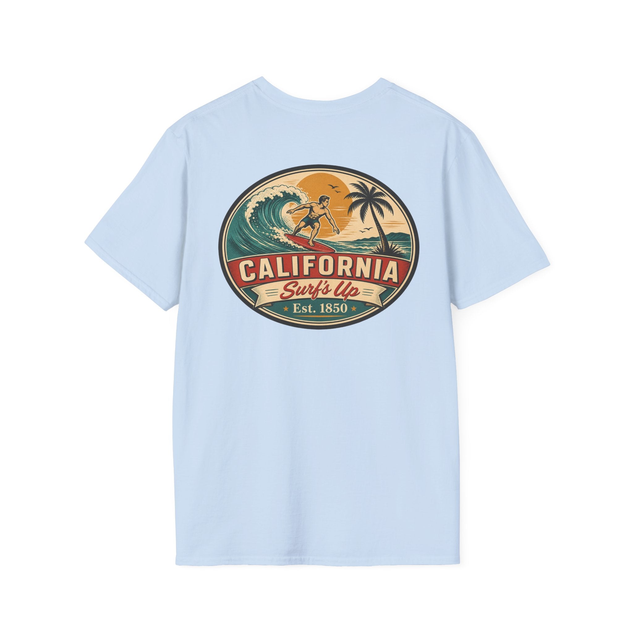Light blue California Surfs Up T-shirt with oval surf graphic on chest
