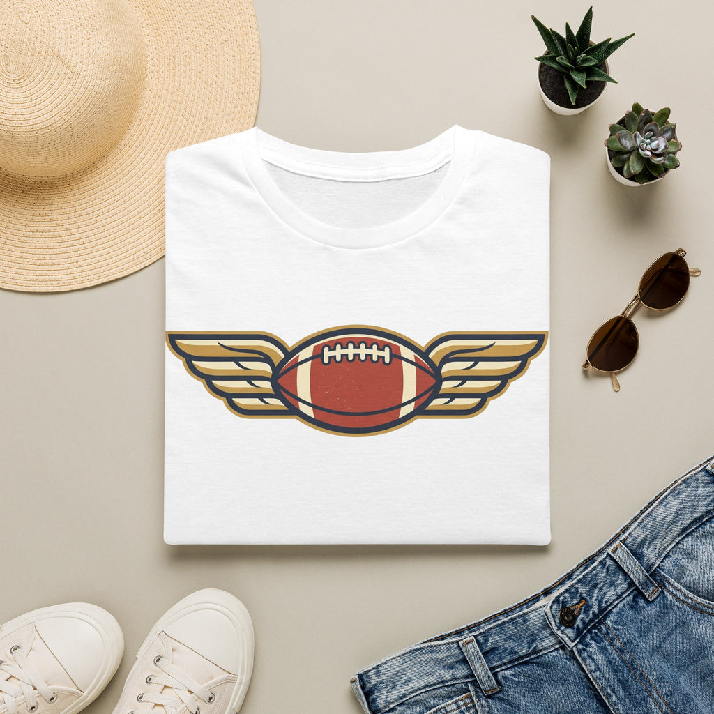 White crewneck t-shirt with winged football graphic on the chest