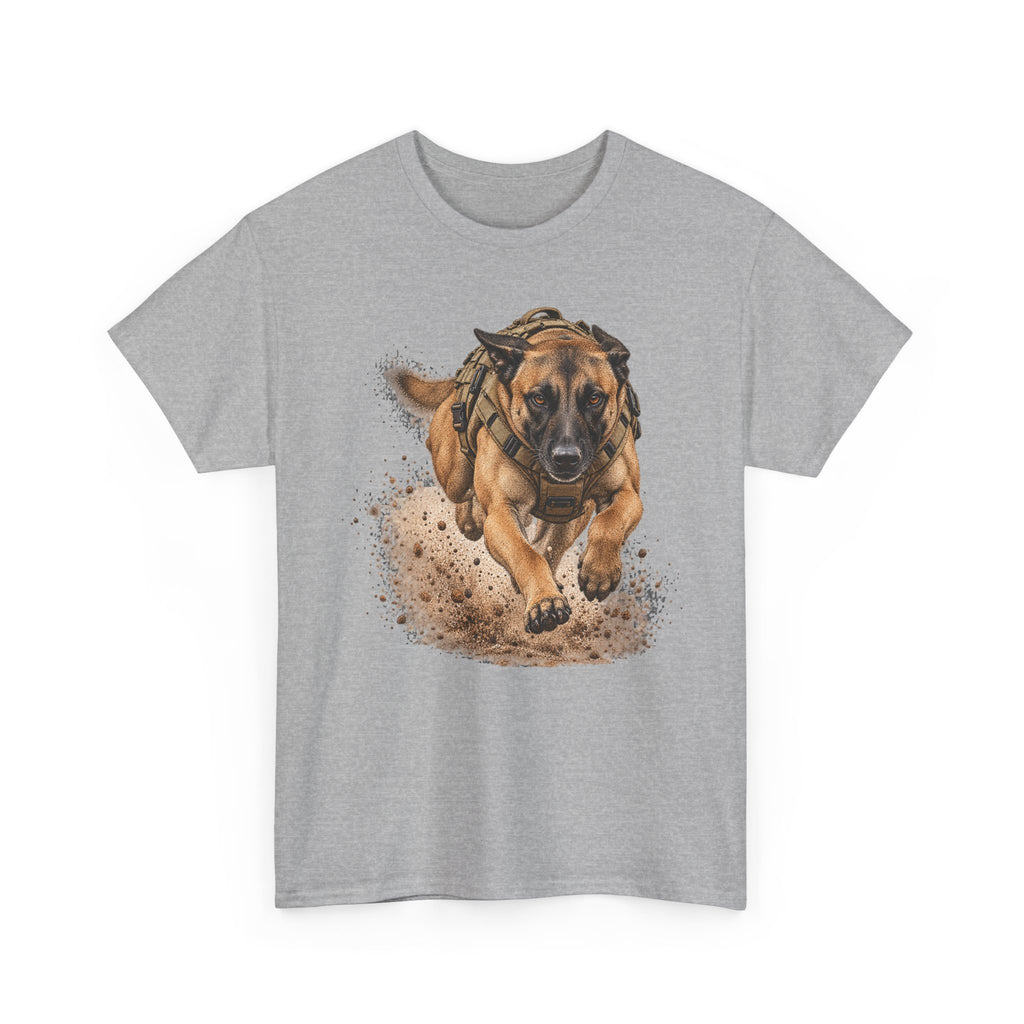 Light gray graphic dog t-shirt with running Belgian Malinois print on chest