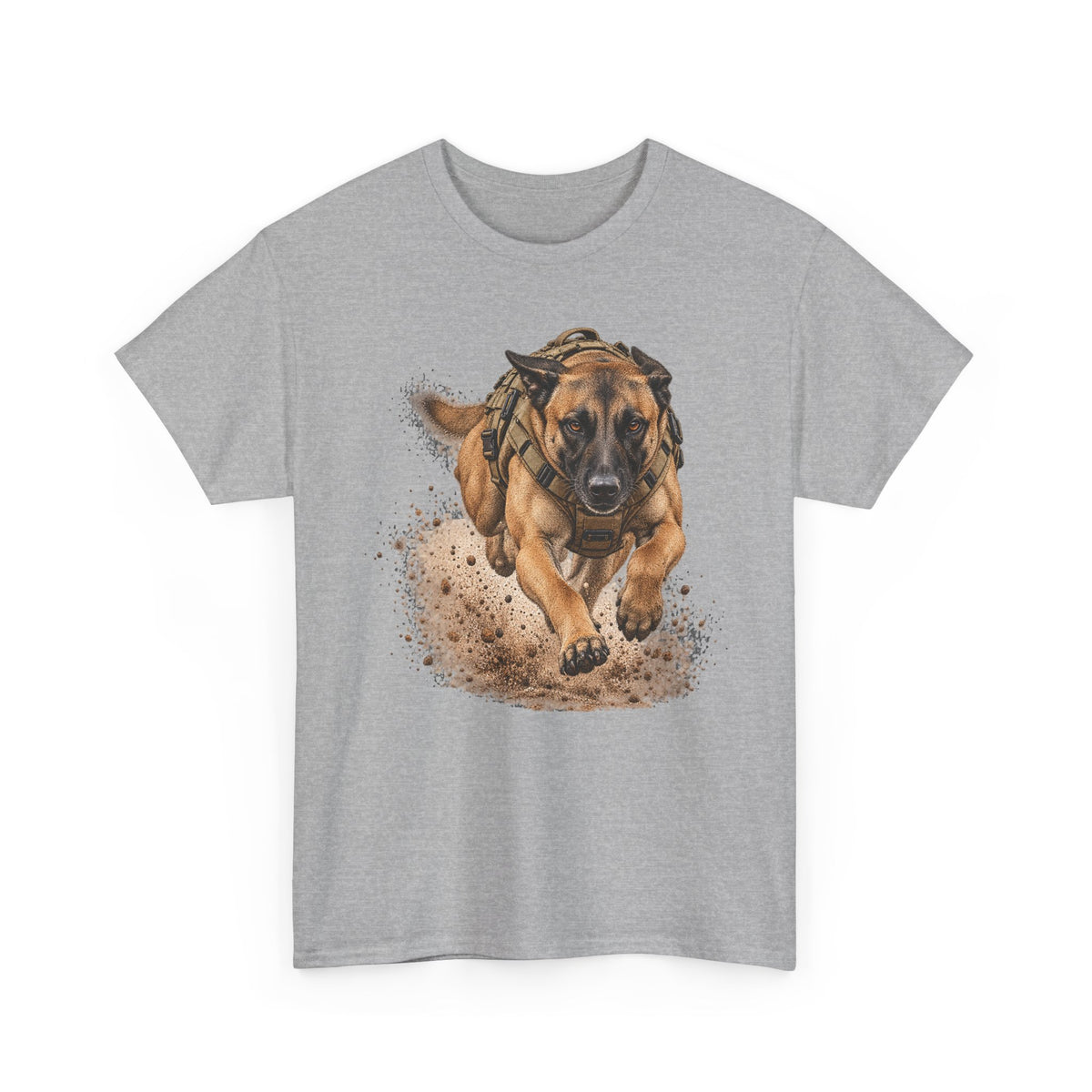 Light gray graphic dog t-shirt with running Belgian Malinois print on chest