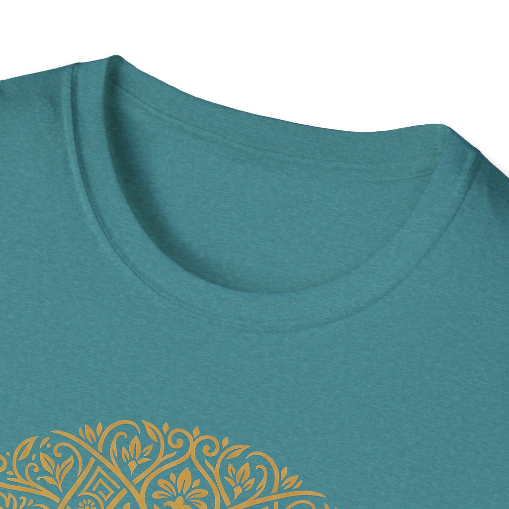 Gold Tree of Life T-shirt in teal, crew neck close-up with gold graphic edge