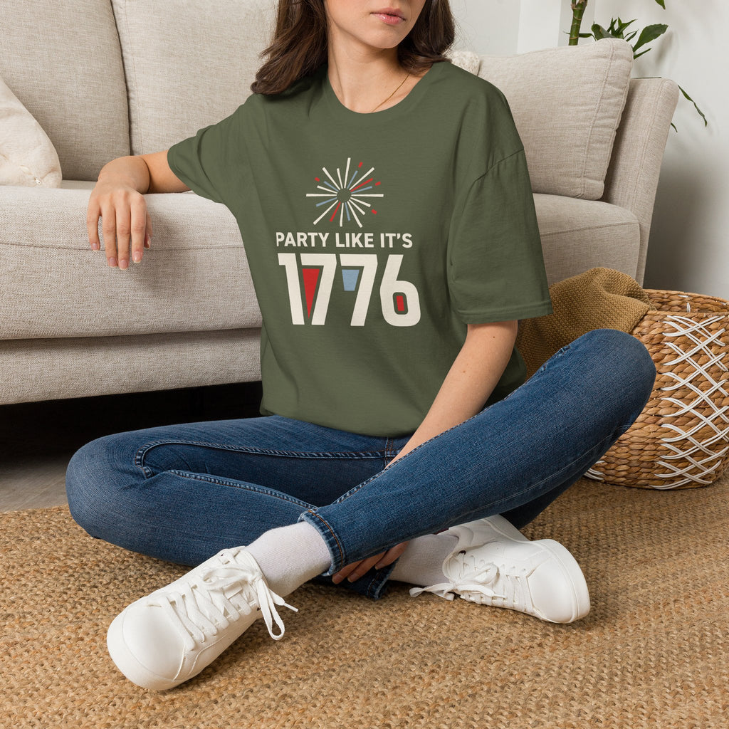 Olive green T-shirt worn with fireworks 'PARTY LIKE IT'S 1776' graphic