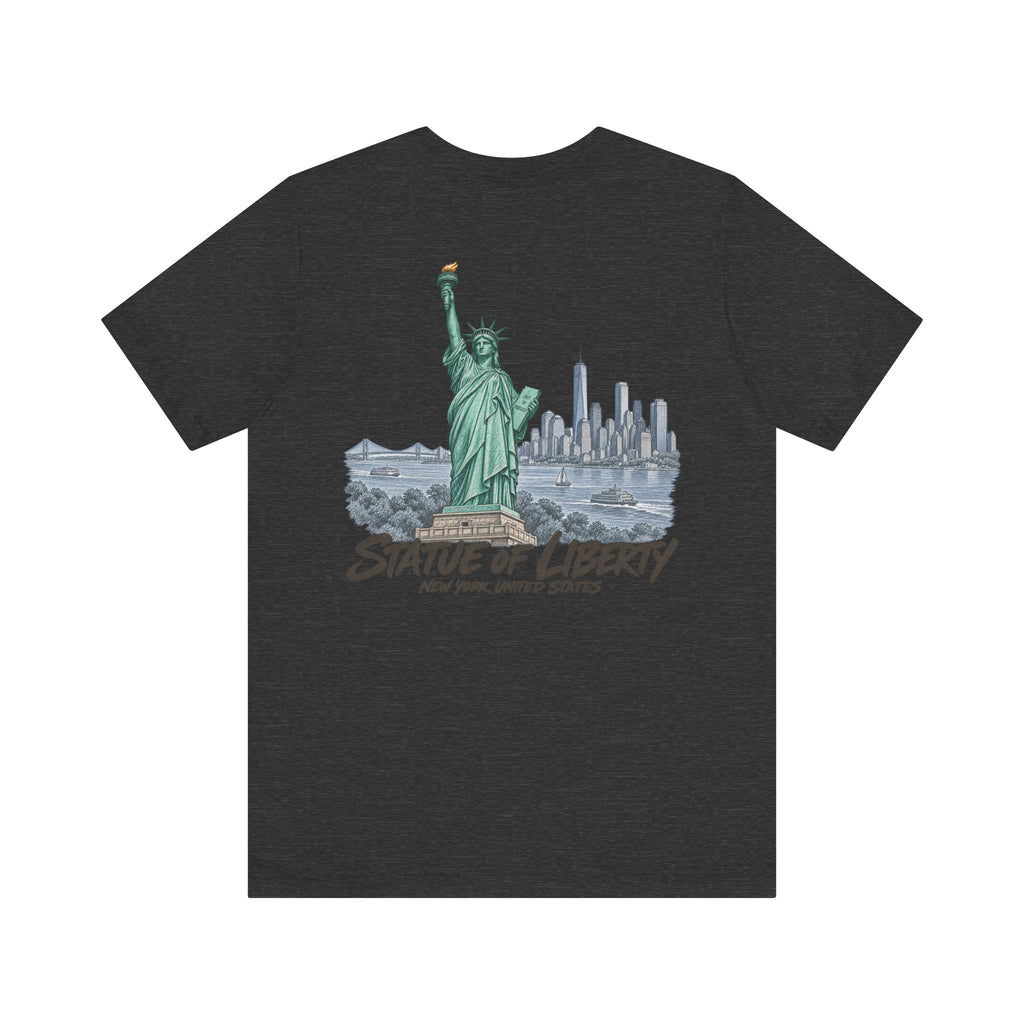 Dark charcoal T-shirt with front graphic of Statue of Liberty and city skyline