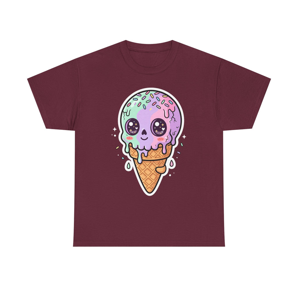 Kawaii melting ice cream cone T-shirt, purple ice cream cartoon graphic on maroon