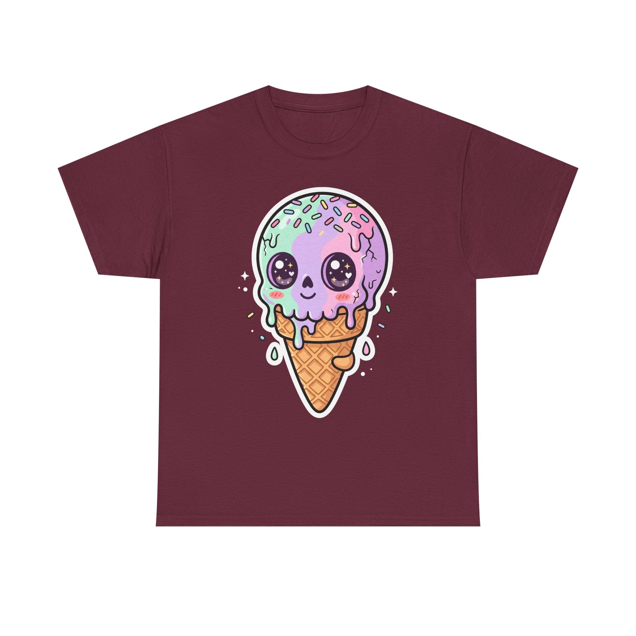 Kawaii melting ice cream cone T-shirt, purple ice cream cartoon graphic on maroon