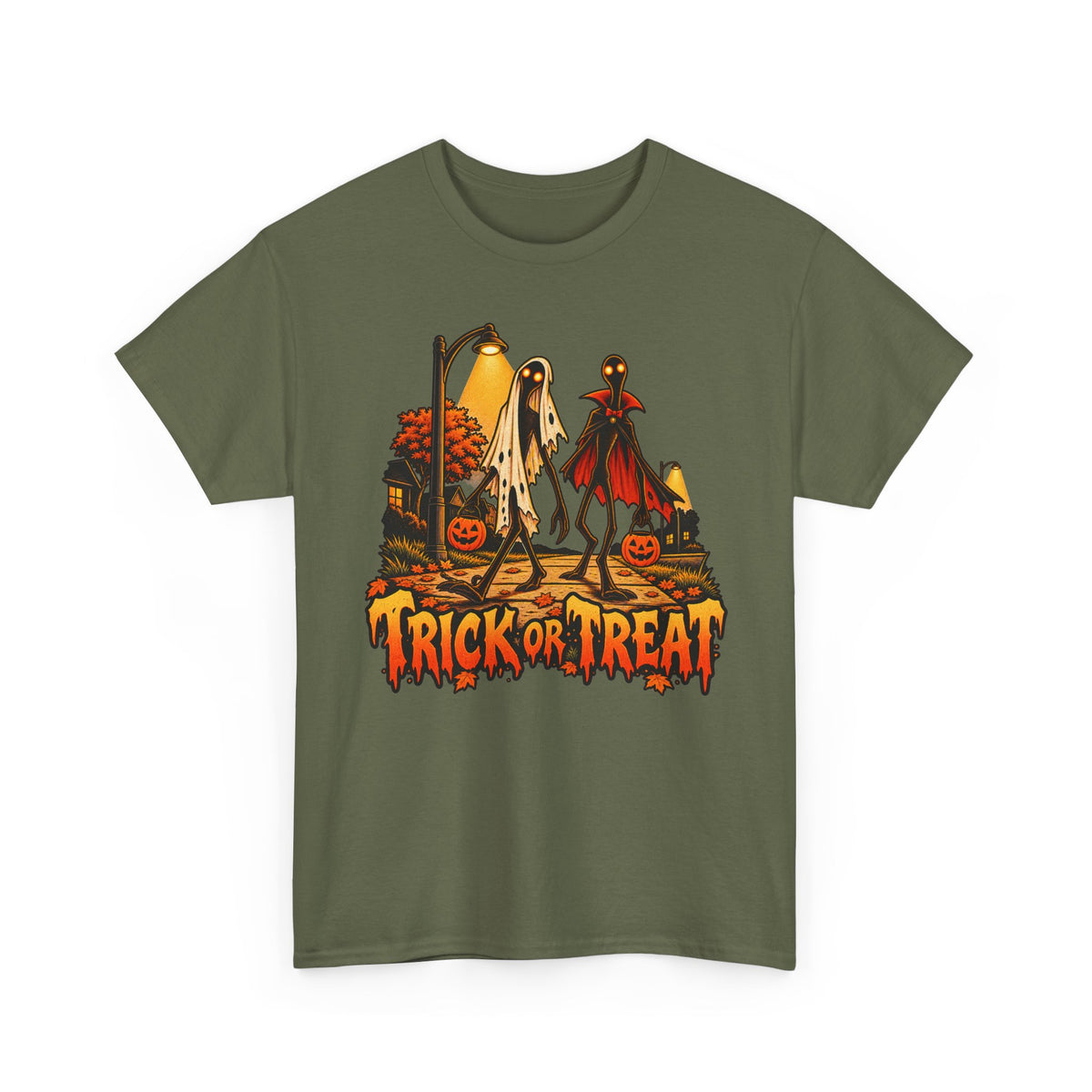 Olive Halloween T-shirt with ghost, vampire and 'Trick or Treat' front graphic