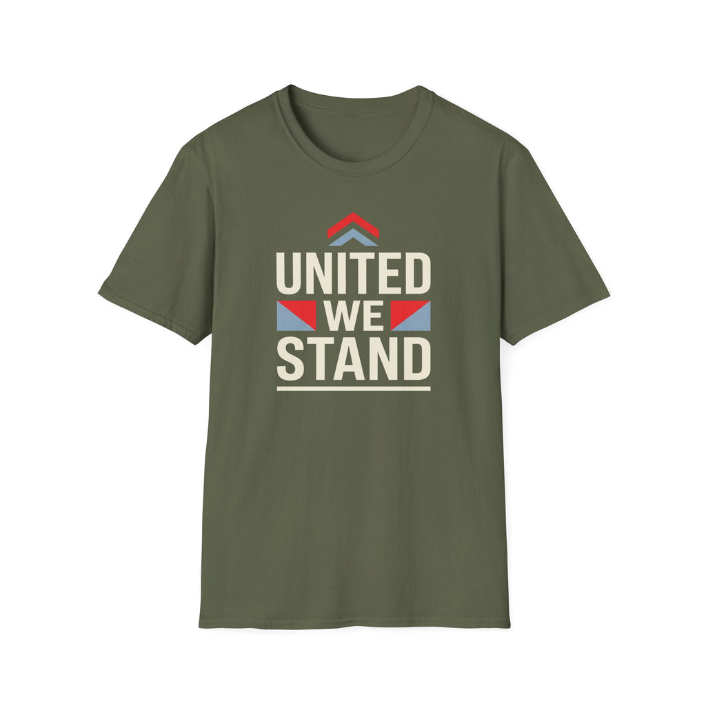 Olive crewneck T-shirt with “UNITED WE STAND” typography graphic on the front