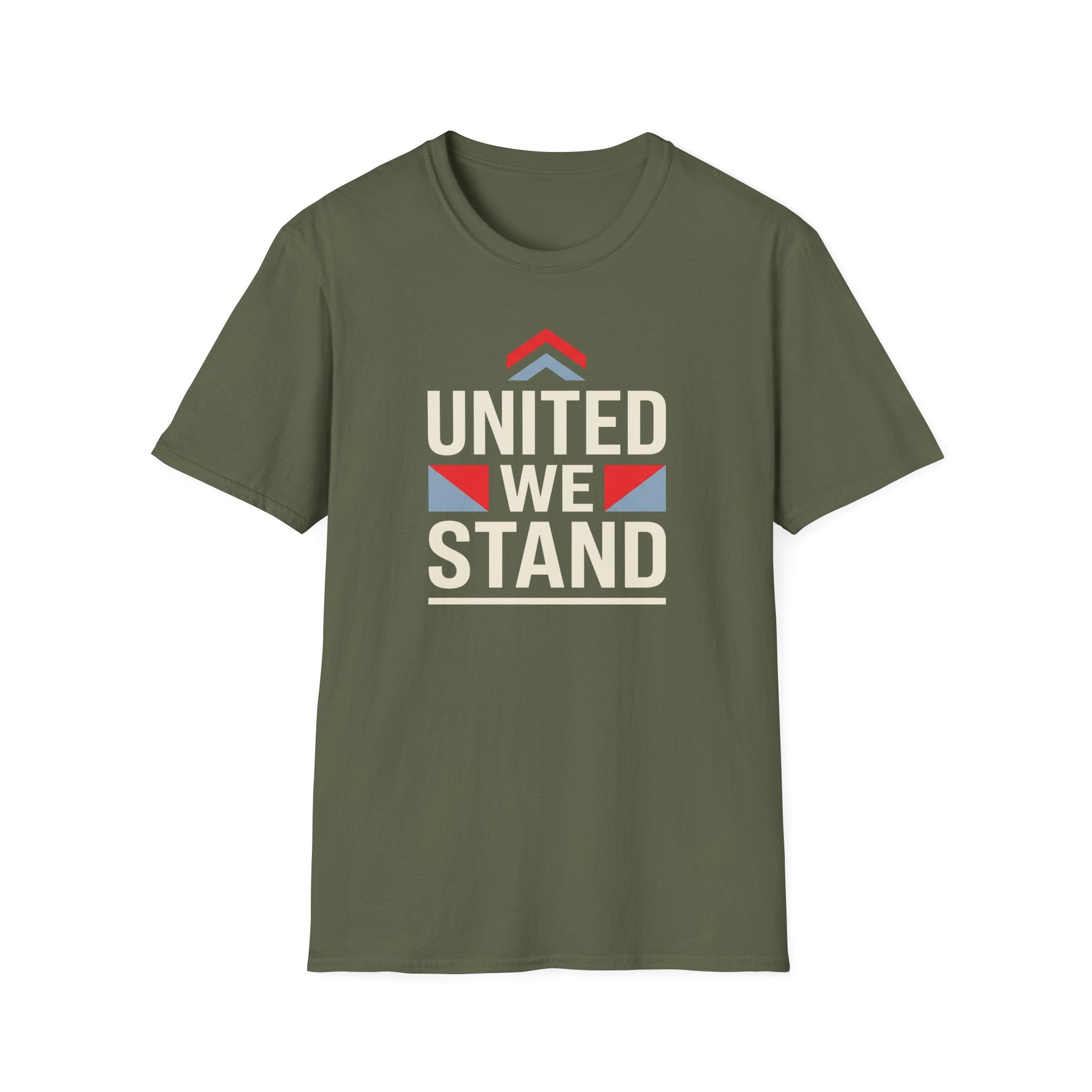 Olive crewneck T-shirt with “UNITED WE STAND” typography graphic on the front