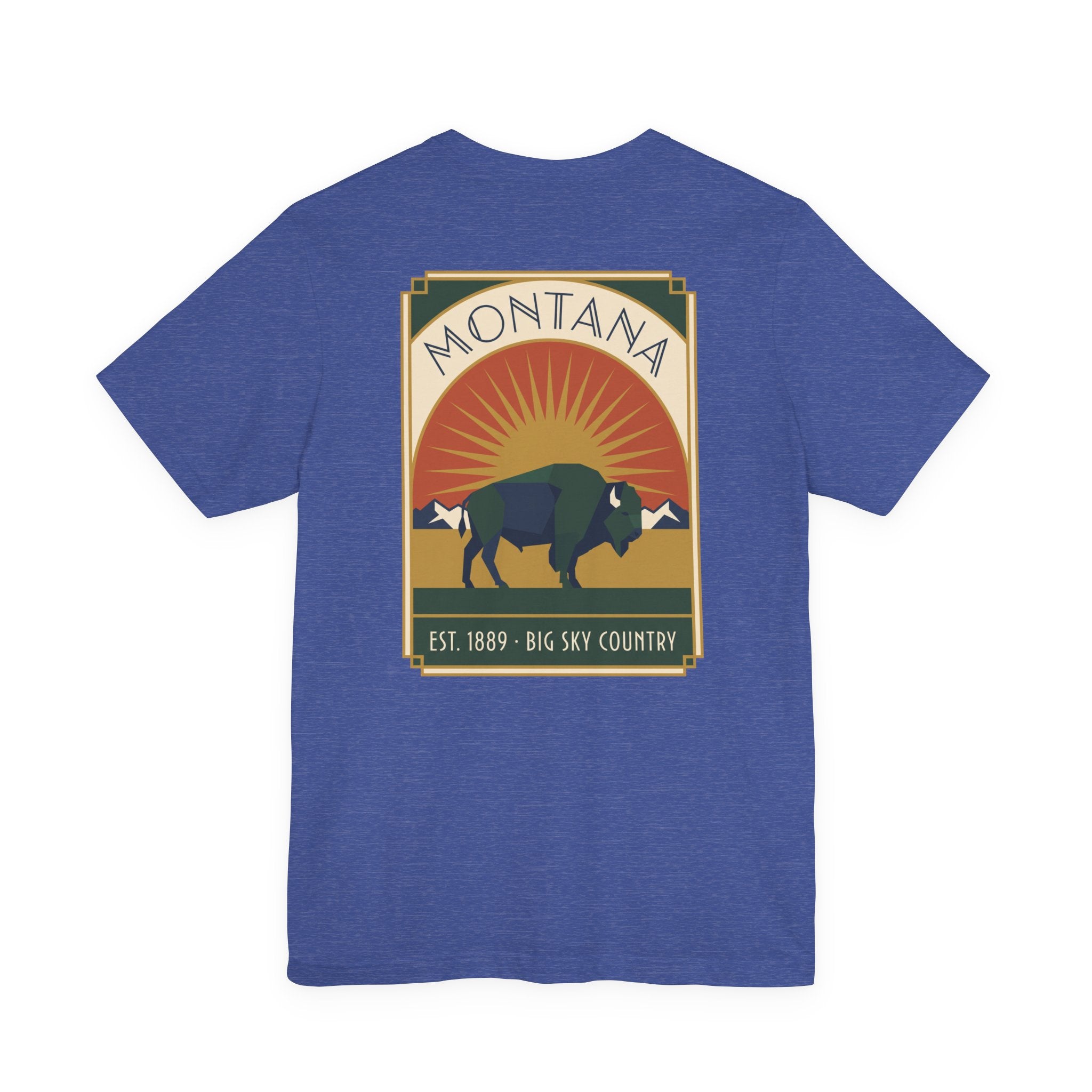 Blue T-shirt with Montana square logo, bison and sunrise graphic