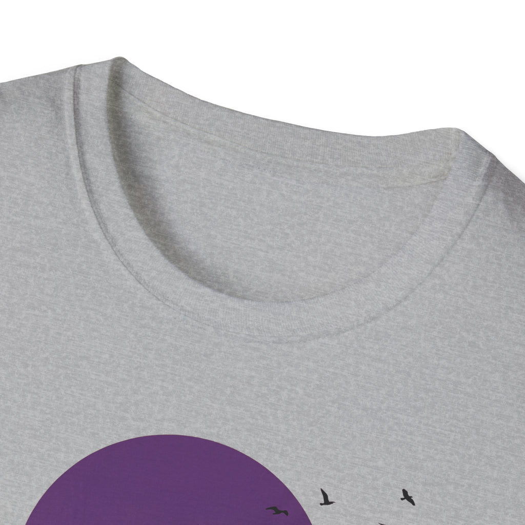 Sport Grey T-shirt close-up of purple moon graphic and flying birds
