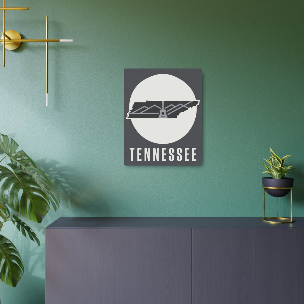 Square Tennessee metal wall art hanging on wall, guitar skyline silhouette and TENNESSEE text