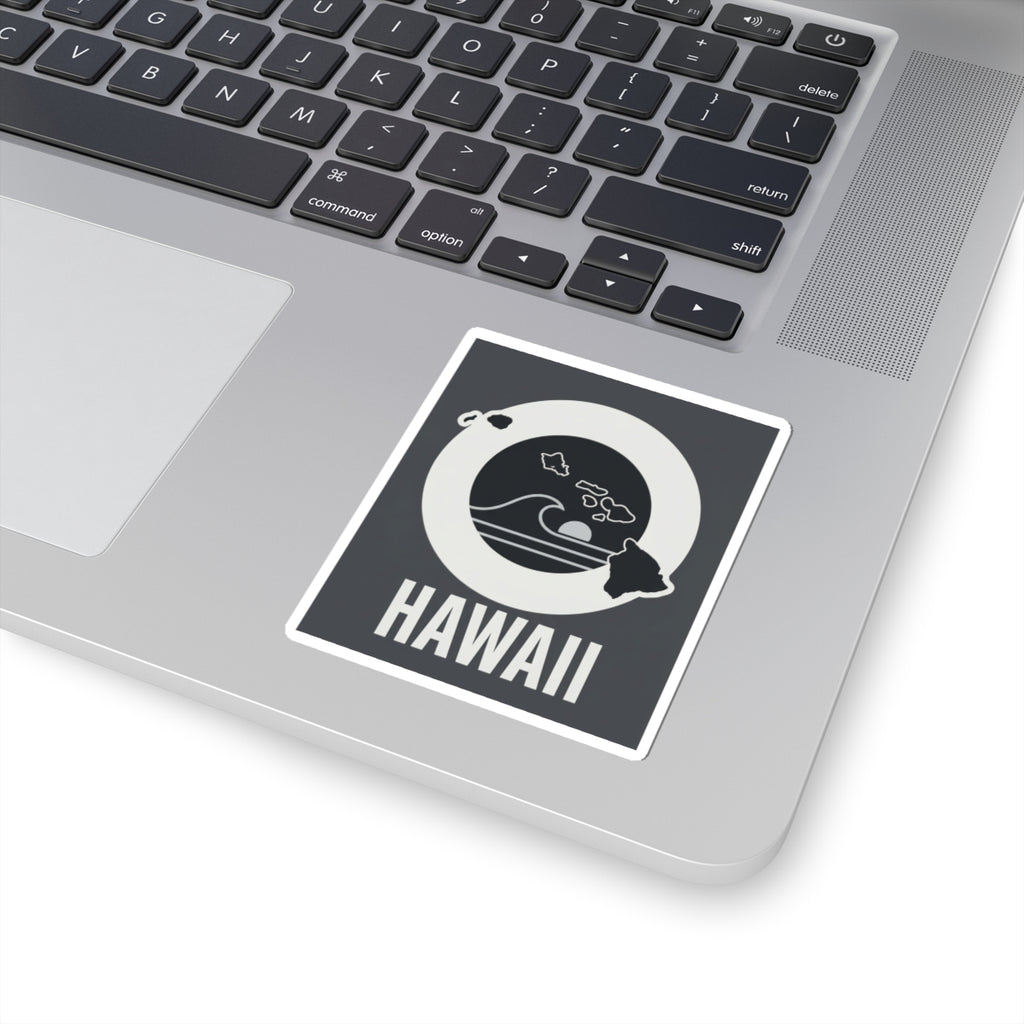 HAWAII square kiss-cut sticker on a laptop lid, black wave emblem with island silhouette
