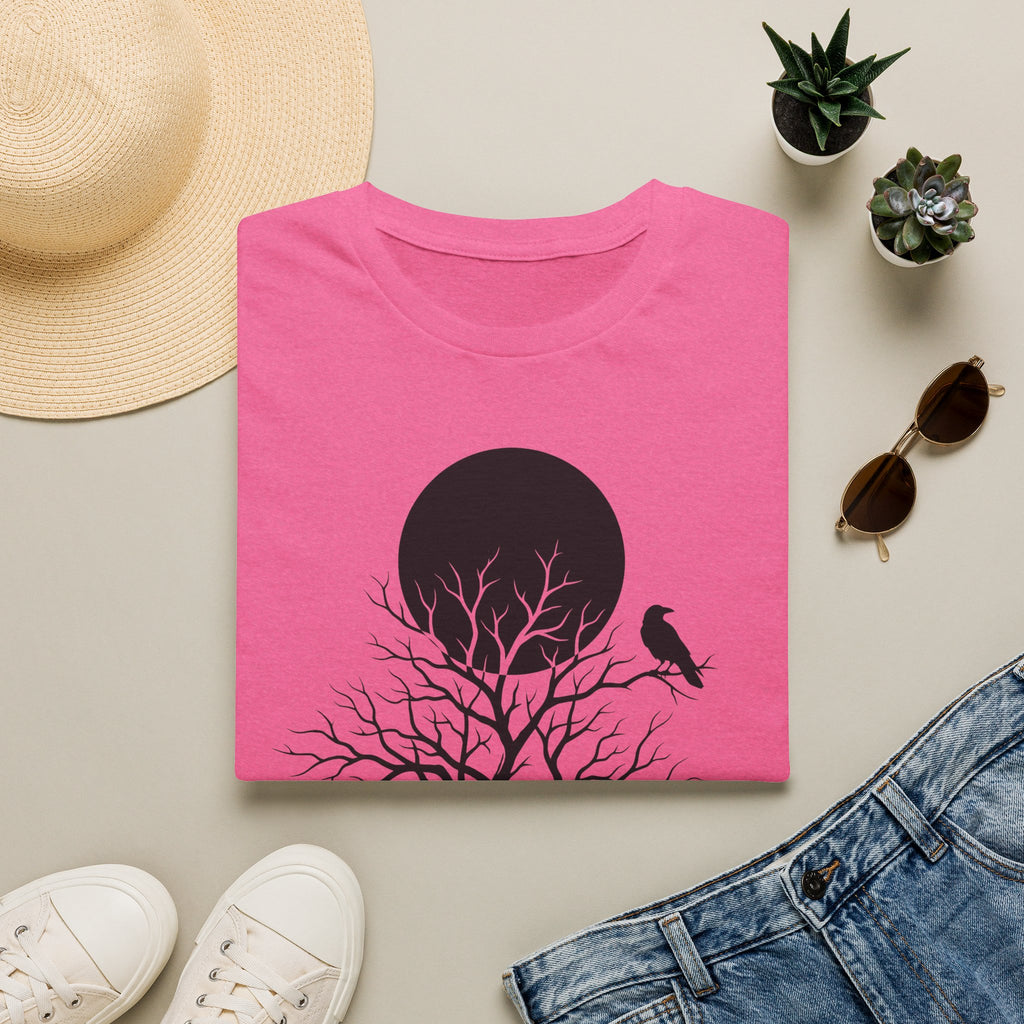 Rose pink t-shirt with black moon, tree silhouette graphic, and crow perched on right