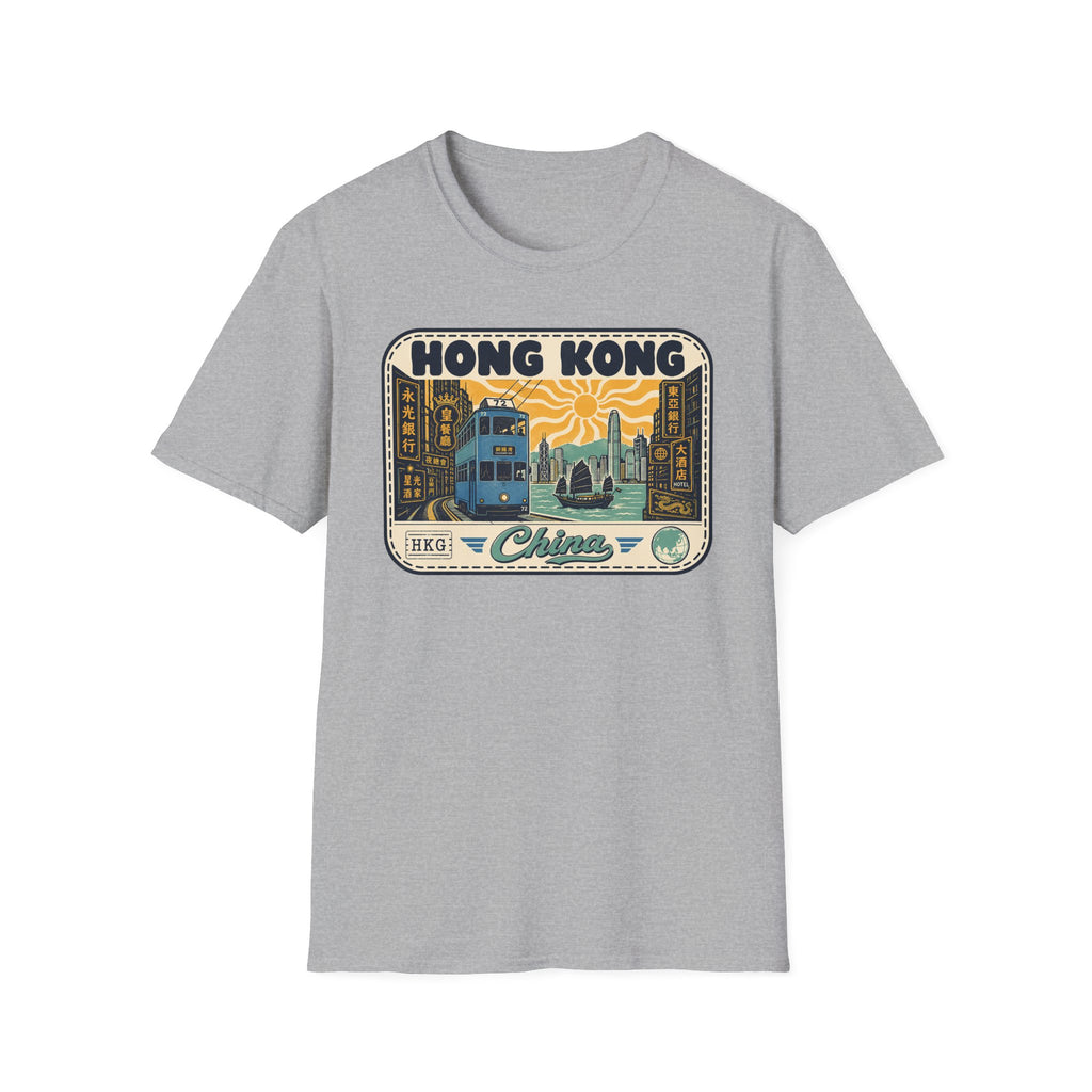 Light gray crewneck T-shirt with "HONG KONG" vintage tram graphic on front