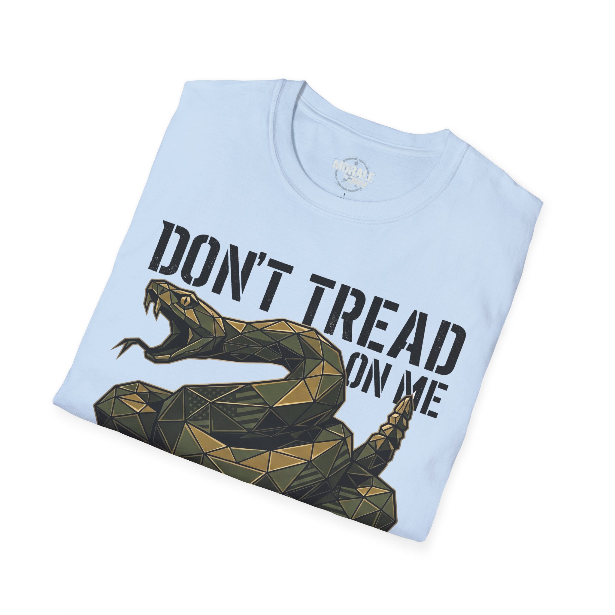 Light blue T-shirt with coiled rattlesnake graphic and 'DON'T TREAD ON ME'