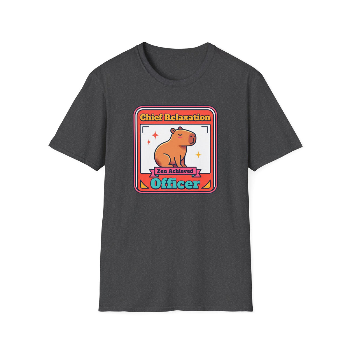 Dark charcoal T-shirt with “Chief Relaxation Officer” capybara graphic on the chest