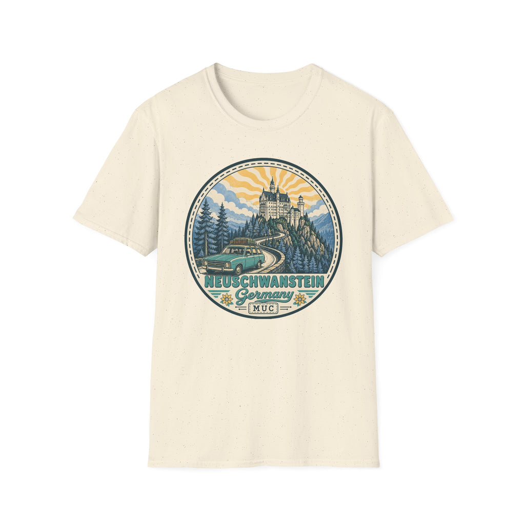 Light cream graphic T-shirt with circular Neuschwanstein castle illustration on front
