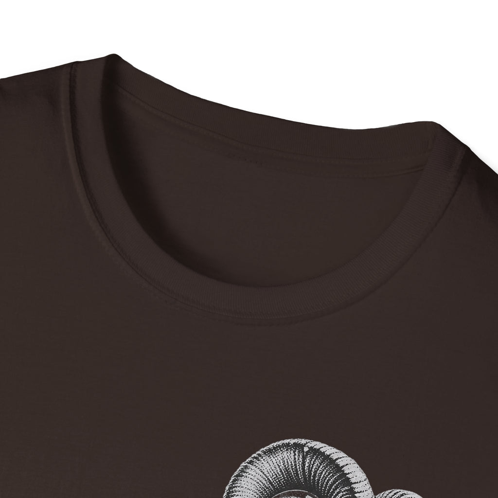 Dark brown crewneck t-shirt neckline close-up, no visible graphic