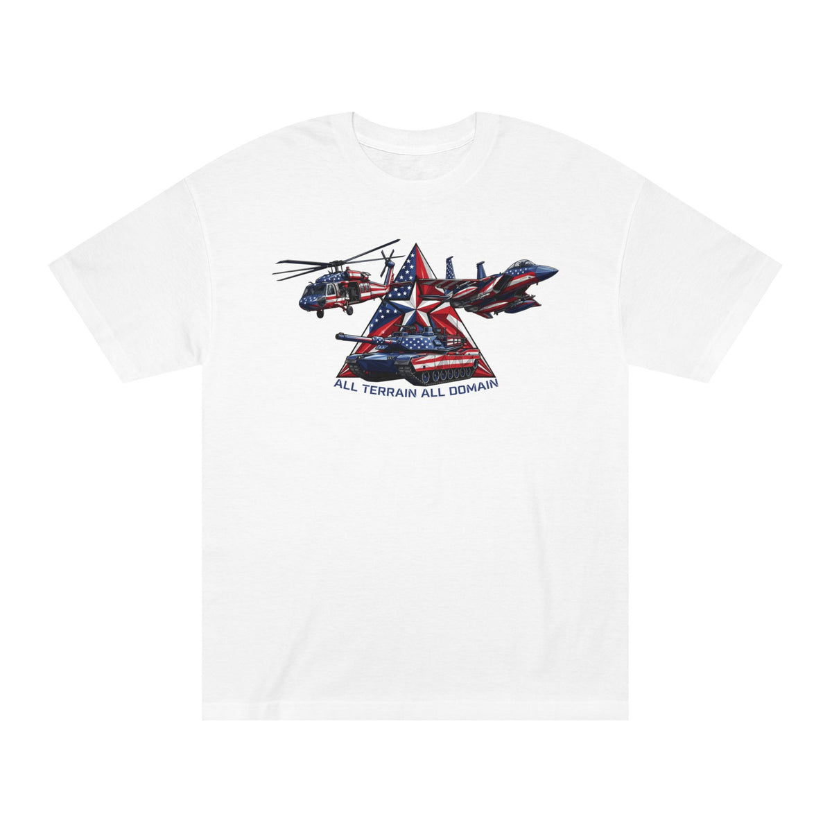 White crewneck T-shirt with red, white, and blue aircraft star graphic on chest