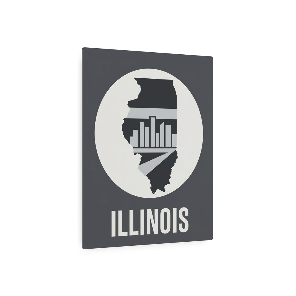 Illinois metal wall art square with circular badge, skyline graphic, and “ILLINOIS” lettering.
