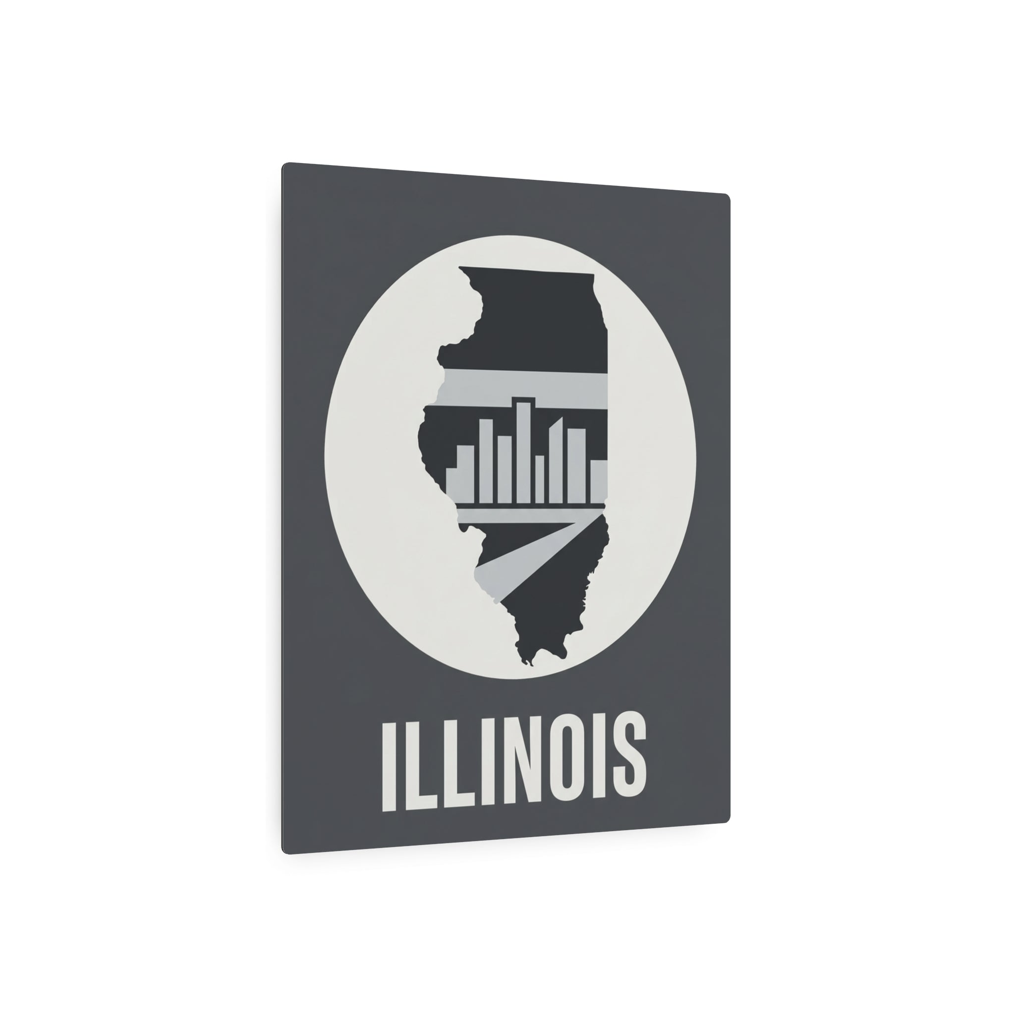 Illinois metal wall art square with circular badge, skyline graphic, and “ILLINOIS” lettering.