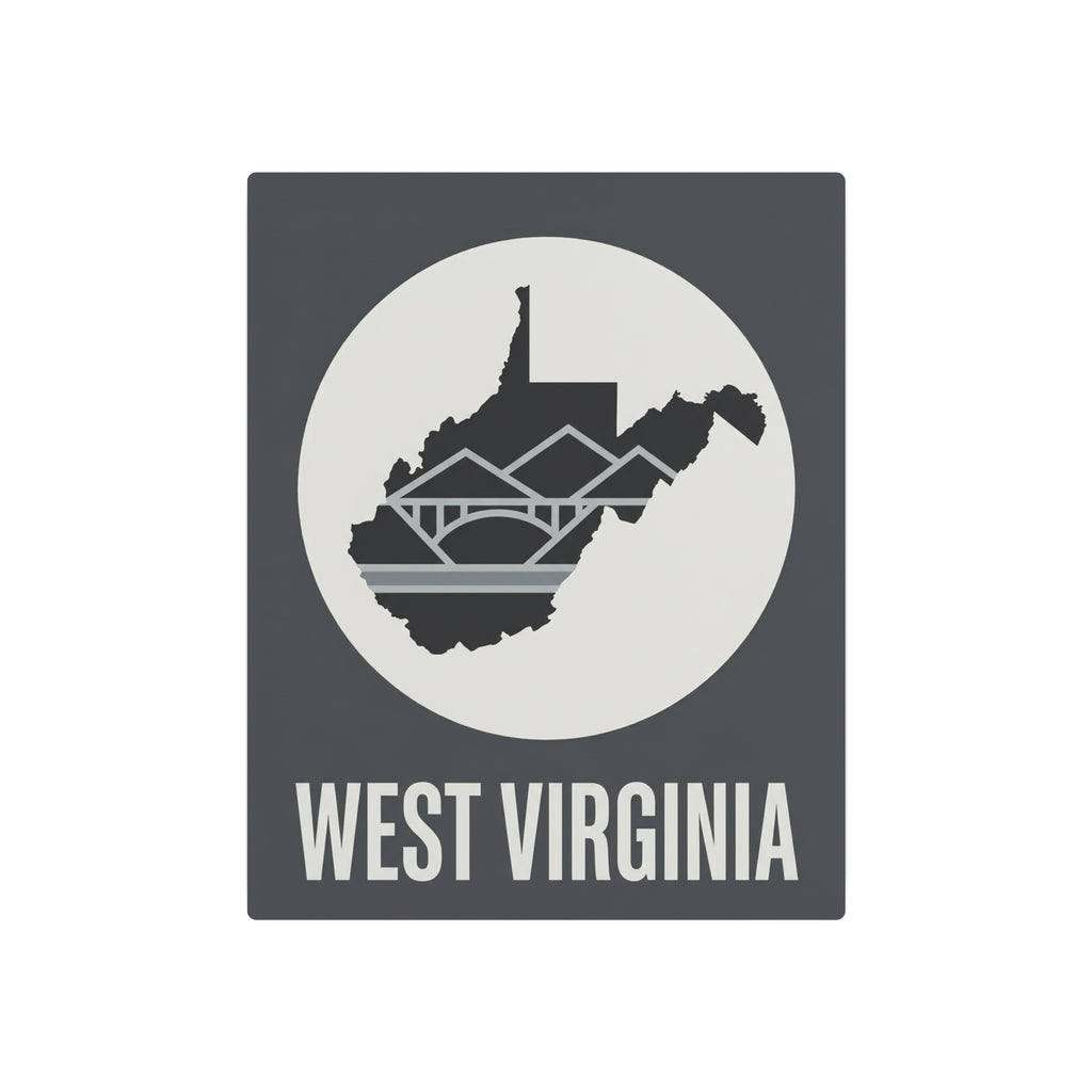 West Virginia metal wall art sign, dark gray square with circular WV skyline silhouette and WEST VIRGINIA