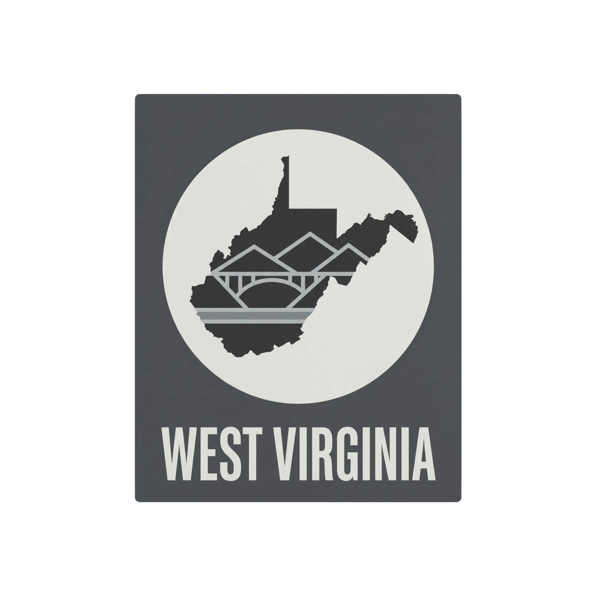 West Virginia metal wall art sign, dark gray square with circular WV skyline silhouette and WEST VIRGINIA