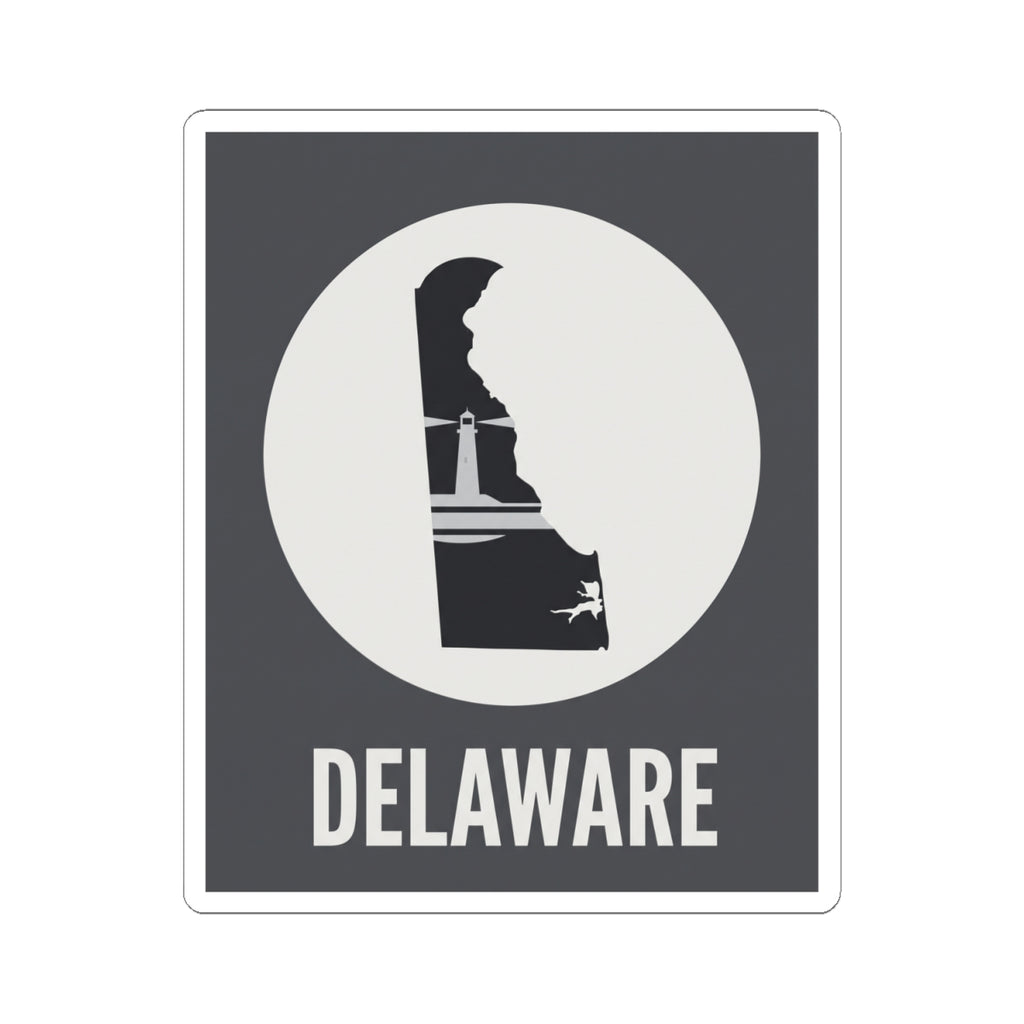 Delaware state silhouette vinyl decal with white circle, black figure, DELAWARE lettering