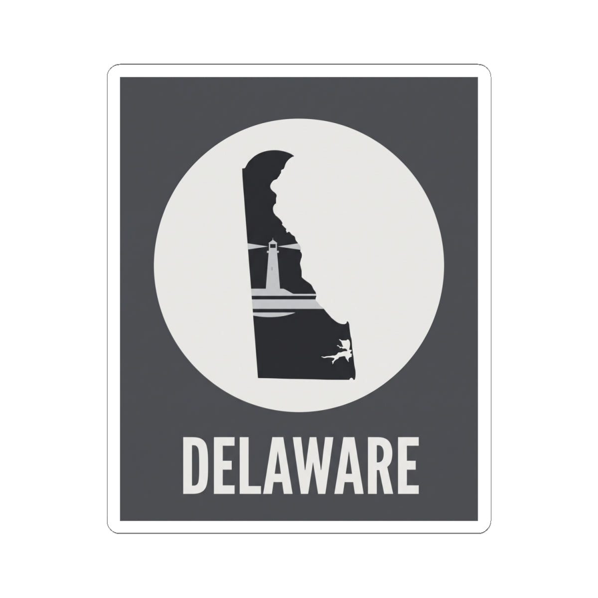 Delaware state silhouette vinyl decal with white circle, black figure, DELAWARE lettering