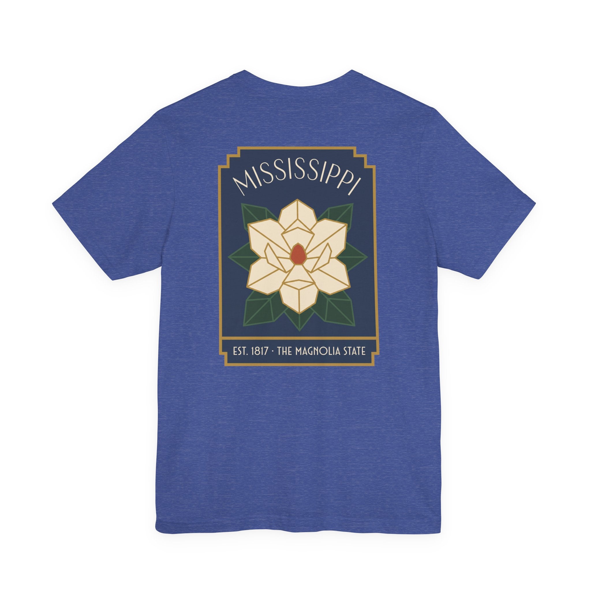 Royal blue T-shirt with Magnolia square graphic and Mississippi text