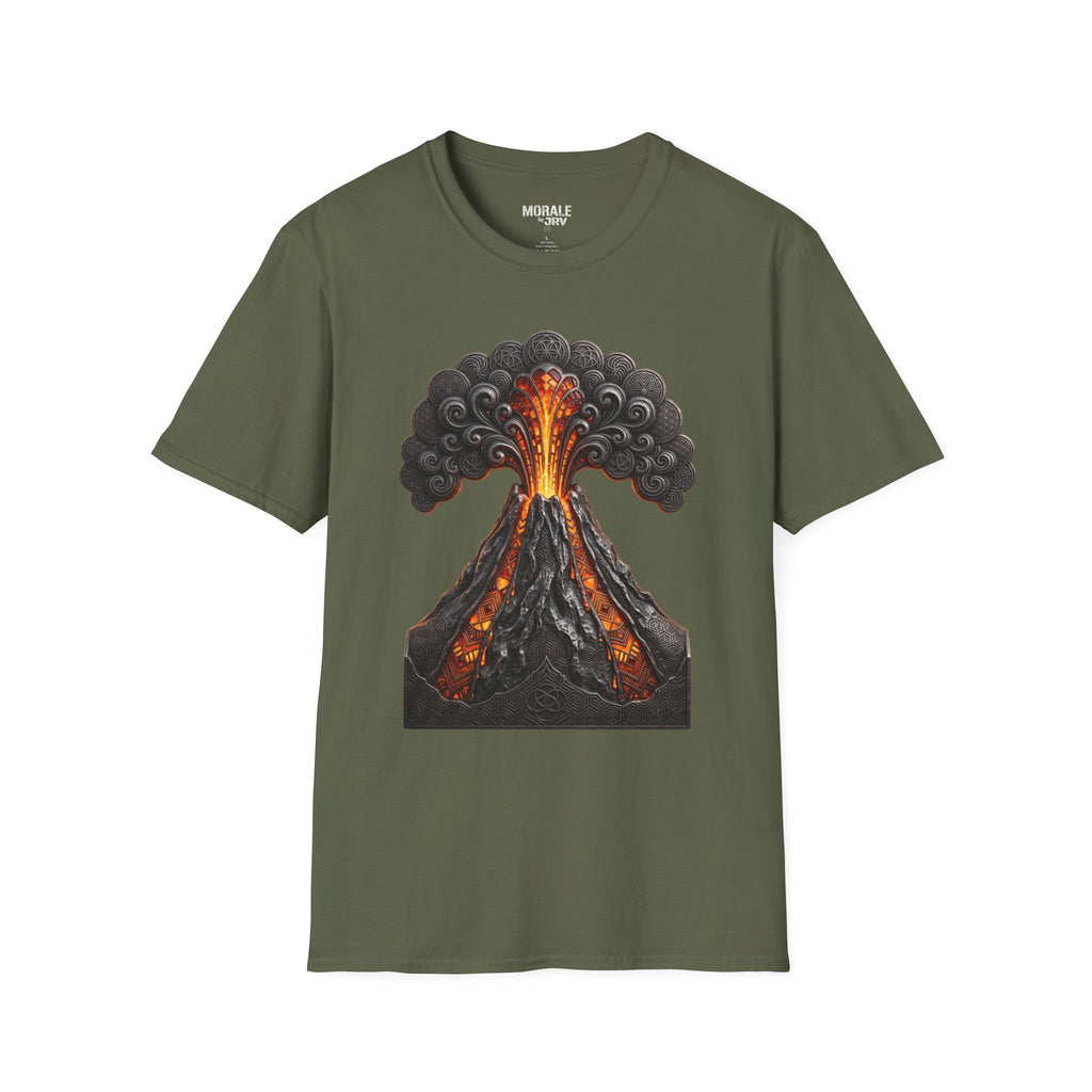 Olive green T-shirt with erupting volcano print, orange lava and swirling smoke