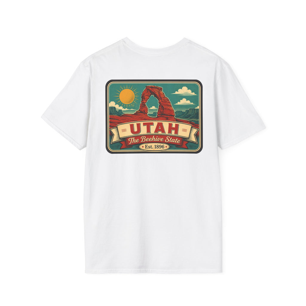 White crewneck T-shirt with Utah travel badge graphic on the front