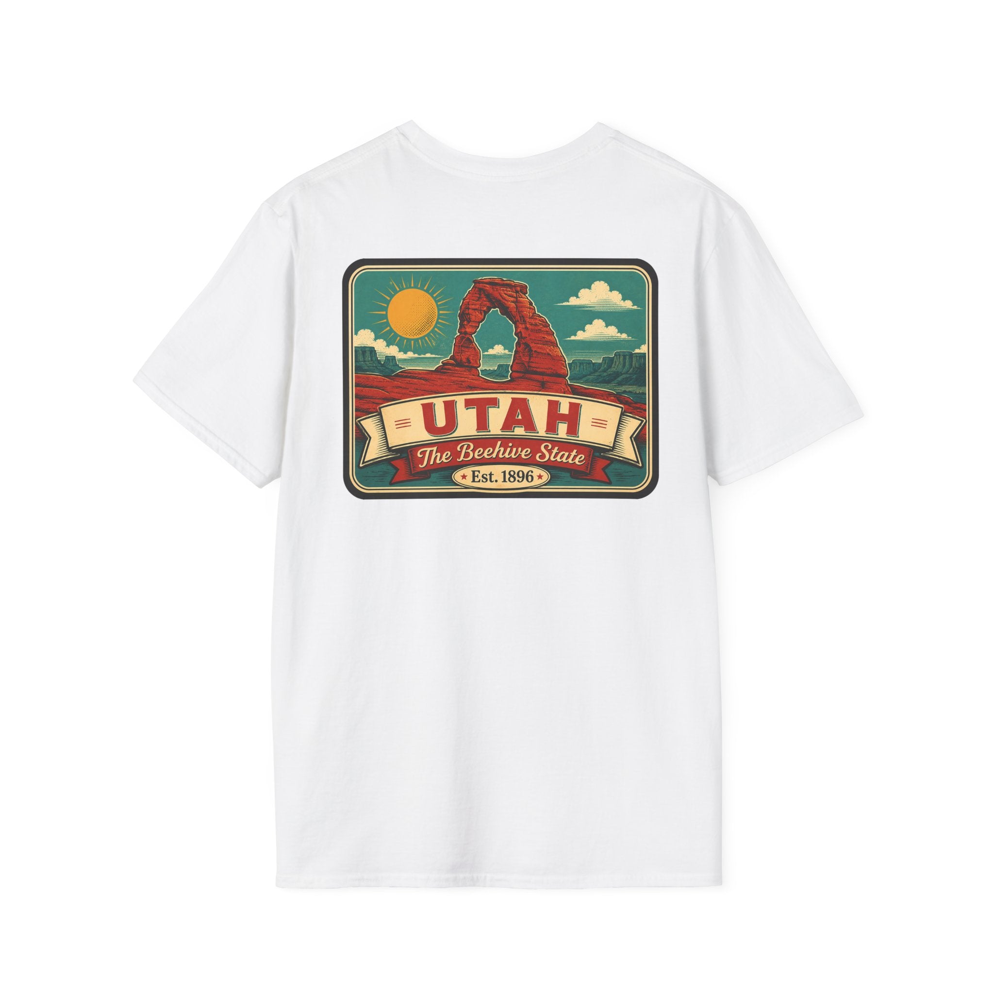 White crewneck T-shirt with Utah travel badge graphic on the front