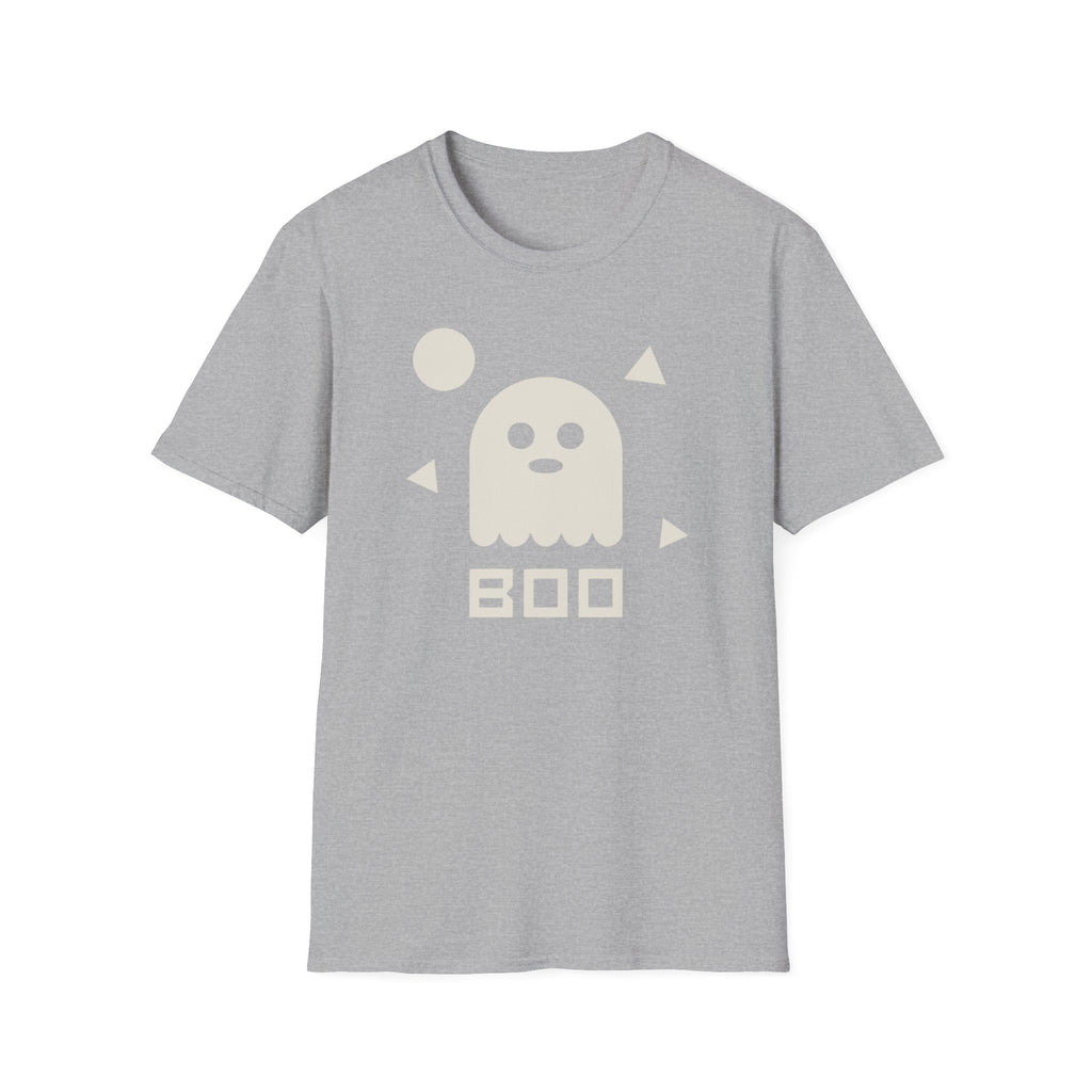 Halloween ghost graphic T-shirt, heather gray with centered white ghost and BOO