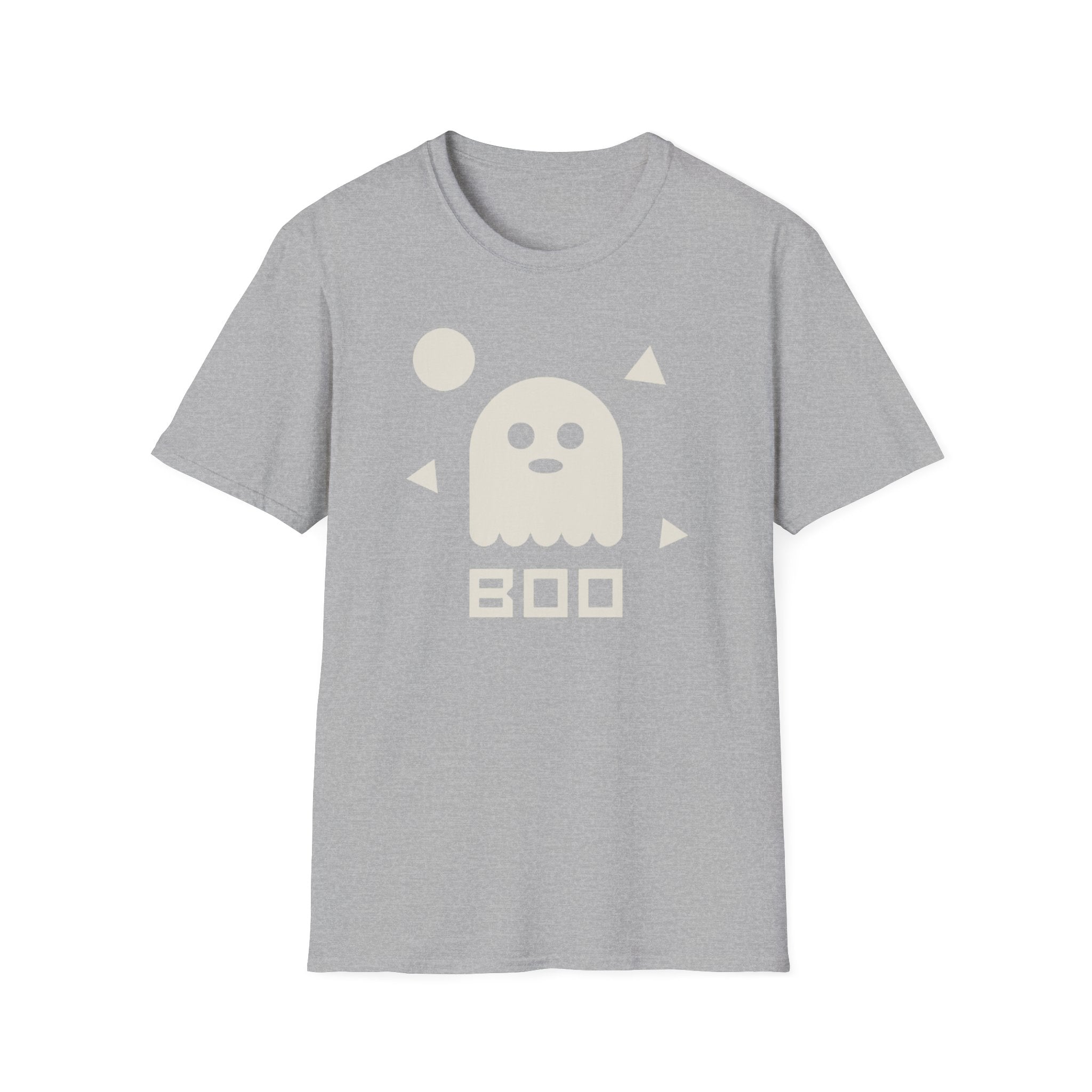 Halloween ghost graphic T-shirt, heather gray with centered white ghost and BOO