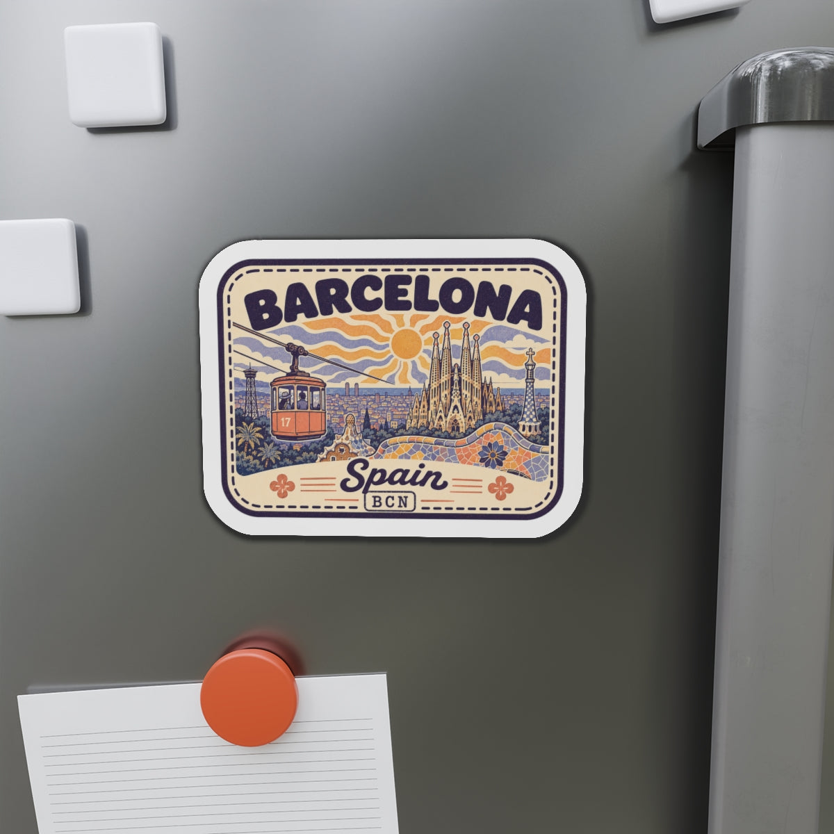 Die-cut Barcelona Spain magnet with illustrated skyline and Sagrada Familia towers