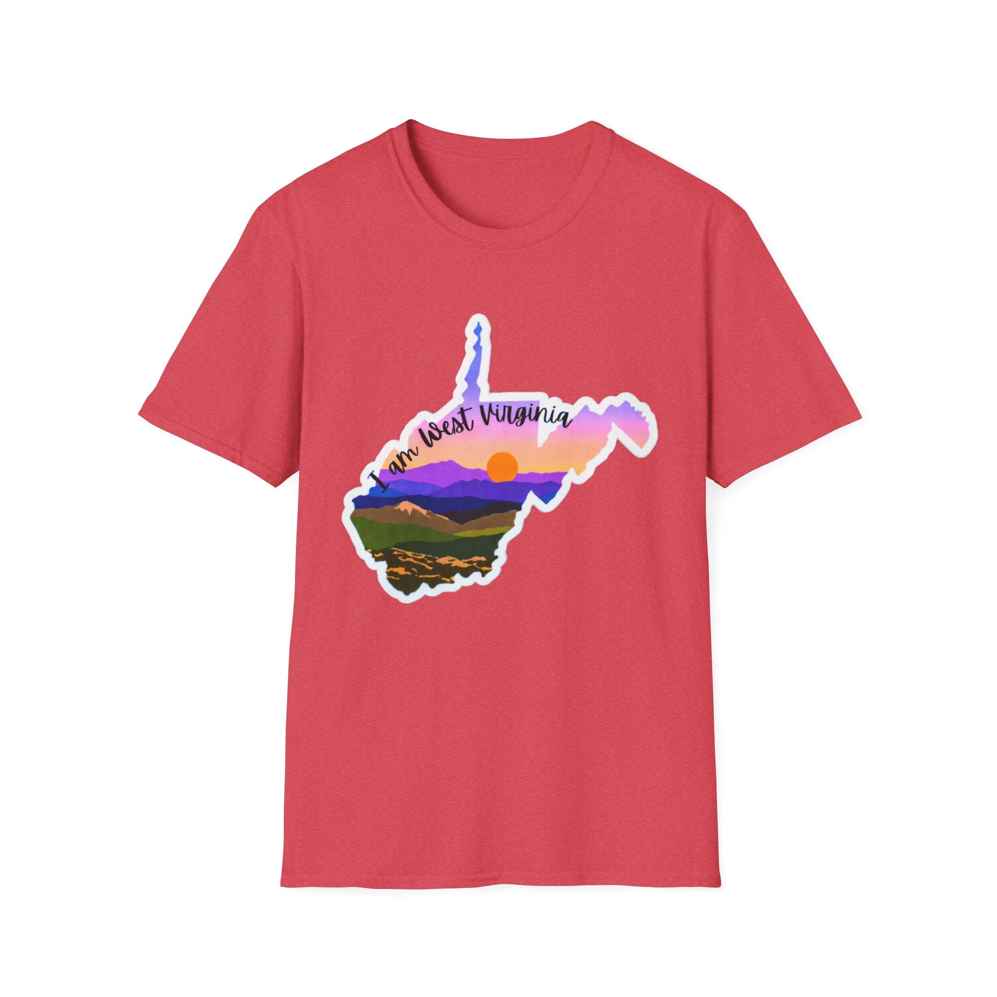 West Virginia sunset T-shirt, heather red with West Virginia state mountain sunset graphic