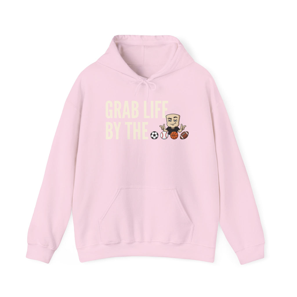 Pink hoodie with front pocket and hood, “GRAB LIFE BY THE” sports ball graphic