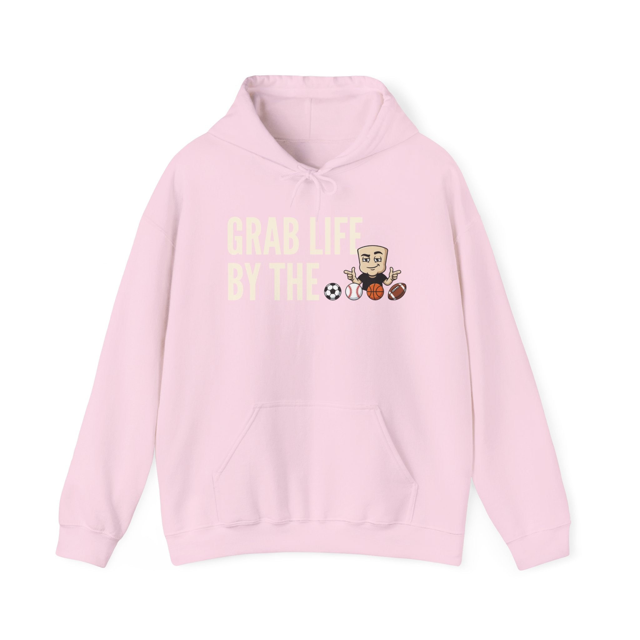 Pink hoodie with front pocket and hood, “GRAB LIFE BY THE” sports ball graphic