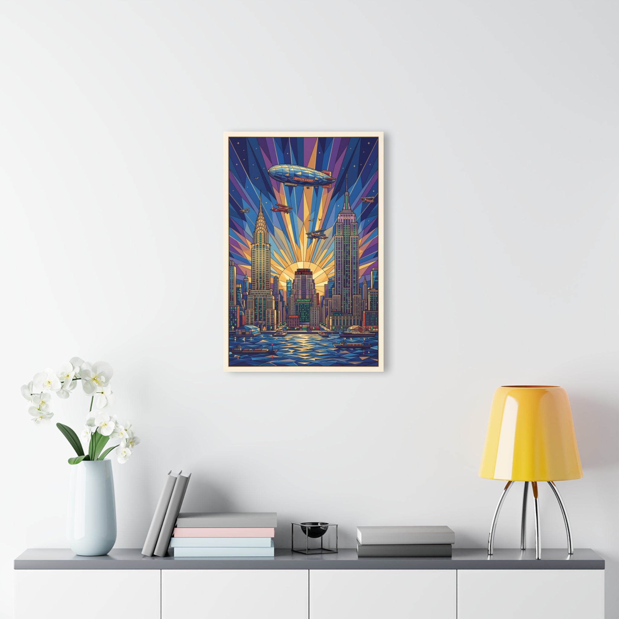 Framed Art Deco NYC skyline acrylic print with zeppelins over illuminated skyscrapers