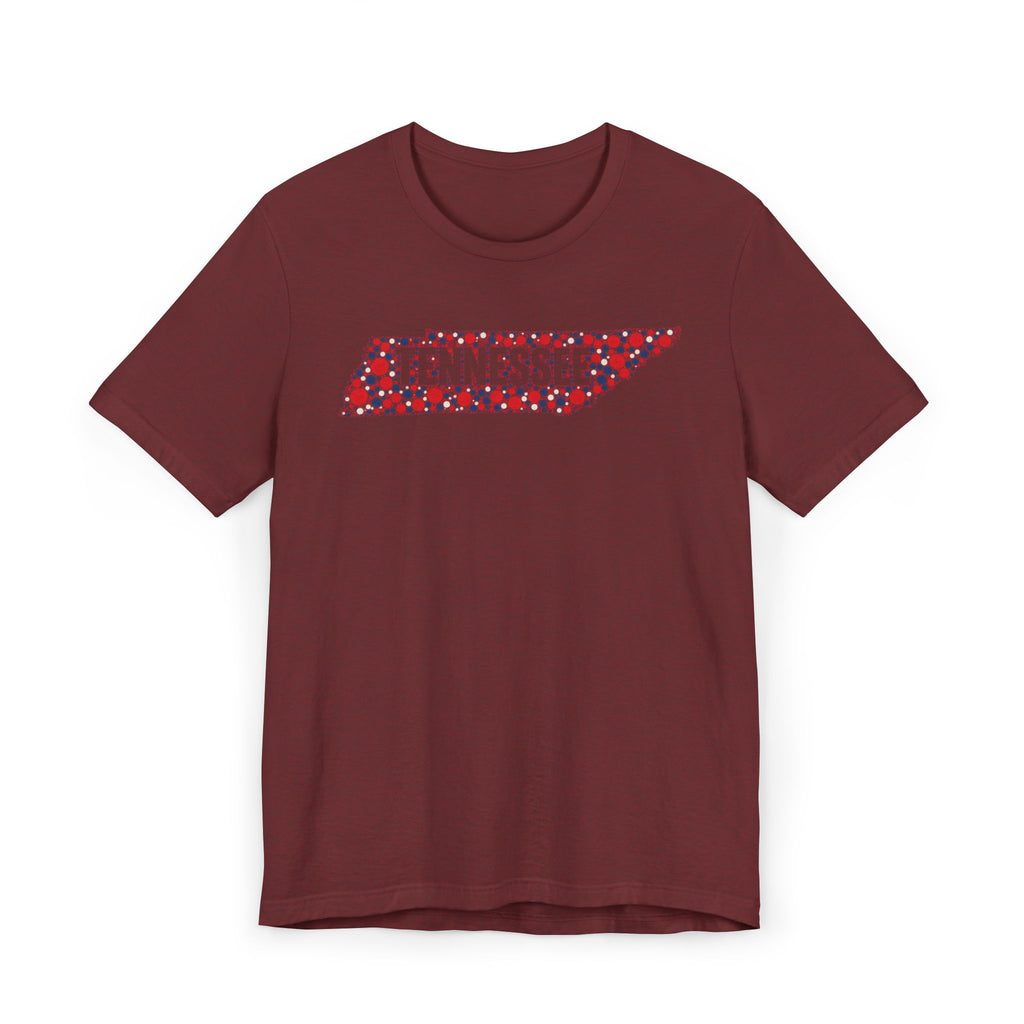 Burgundy T-shirt with 'Tennessee' floral map graphic across the chest