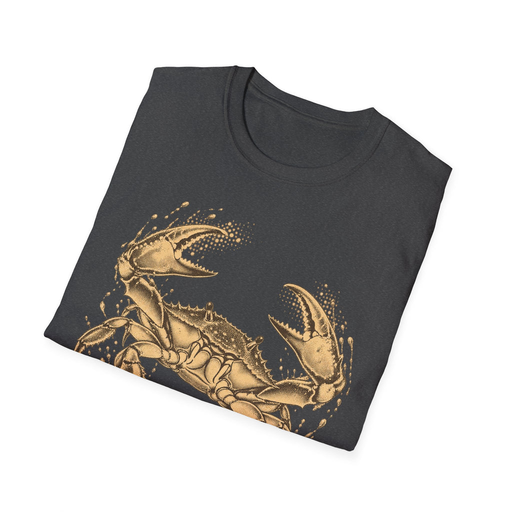 Dark gray crew-neck T-shirt with vintage gold crab illustration on front.