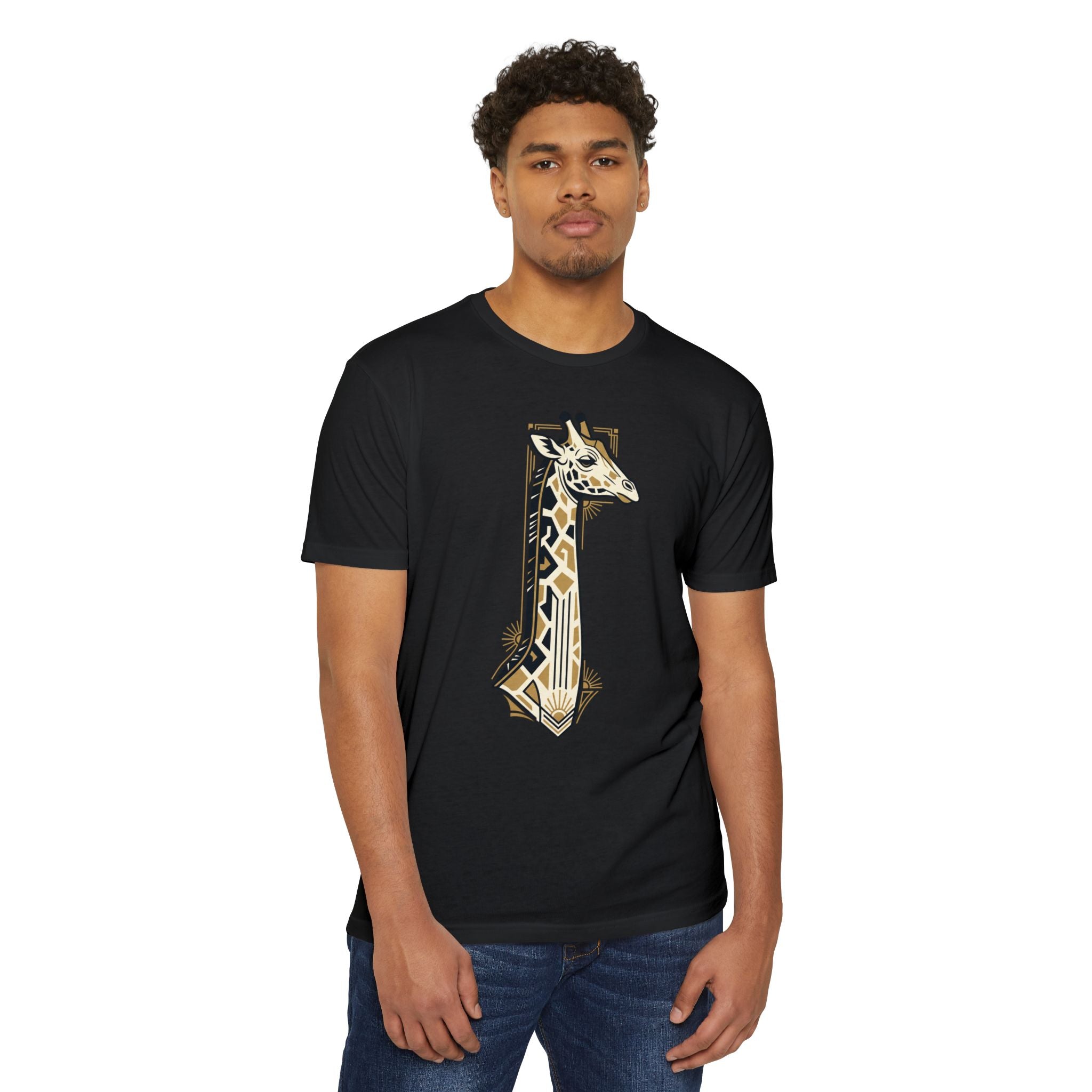 Black crewneck t-shirt with vertical giraffe graphic on front.