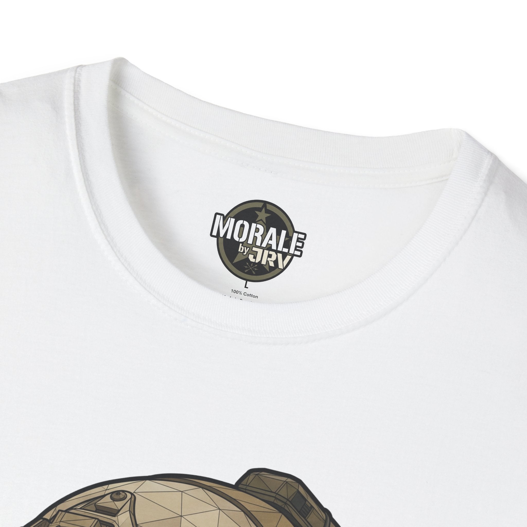 White tee with small Moral logo at neckline, partial skull-helmet graphic