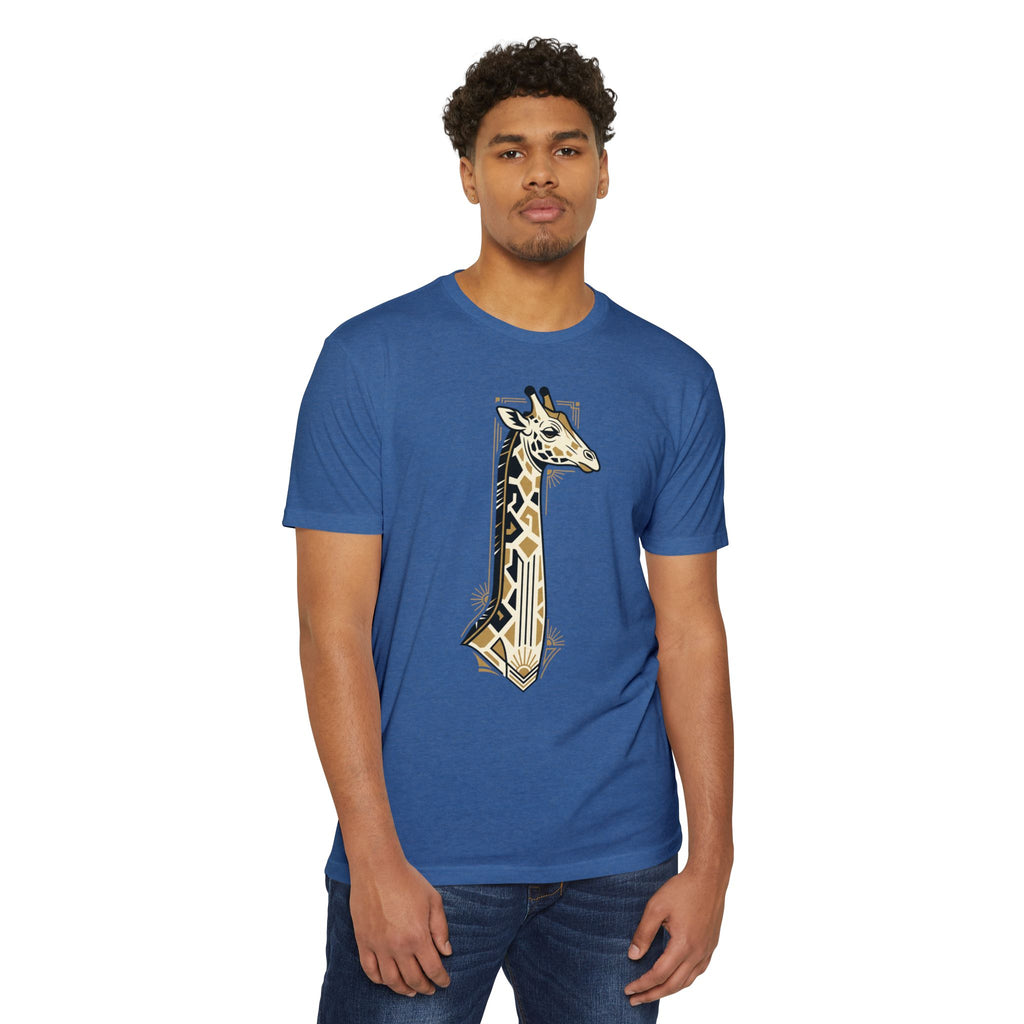 Blue giraffe graphic t-shirt with Art Deco geometric design, front view