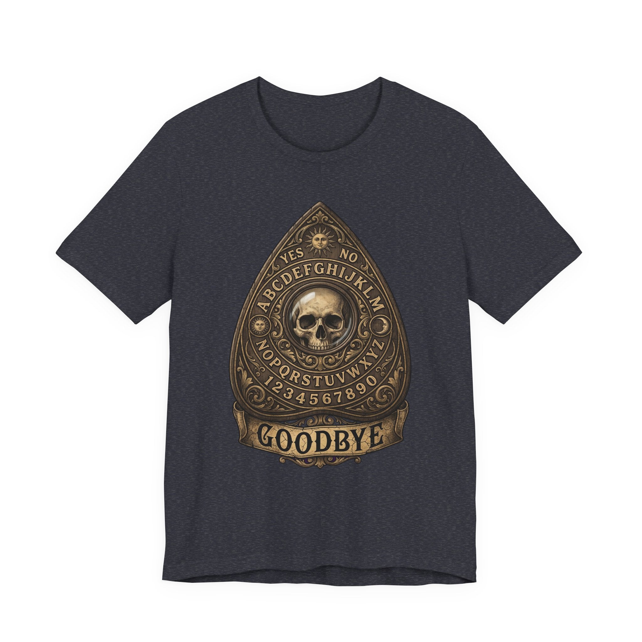 Ouija planchette skull T-shirt, dark navy heather fabric, gold “GOODBYE” front graphic