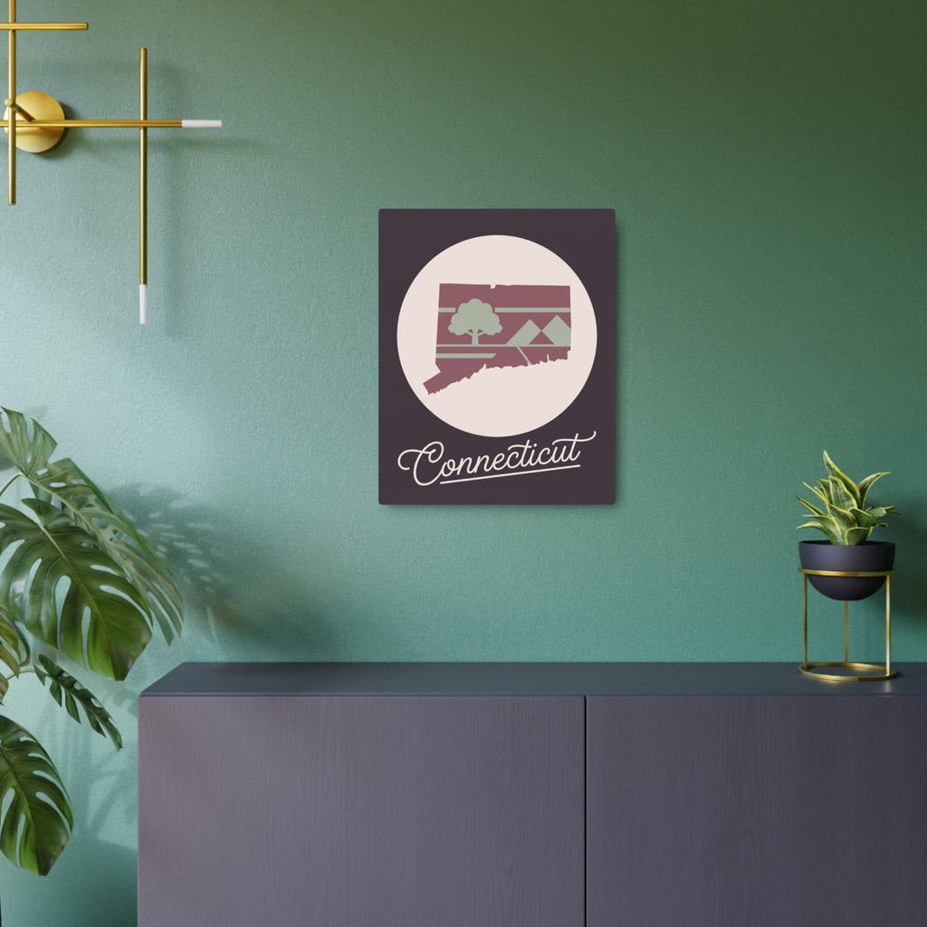 Mauve and sage Connecticut state metal wall art sign, dark square with circular silhouette